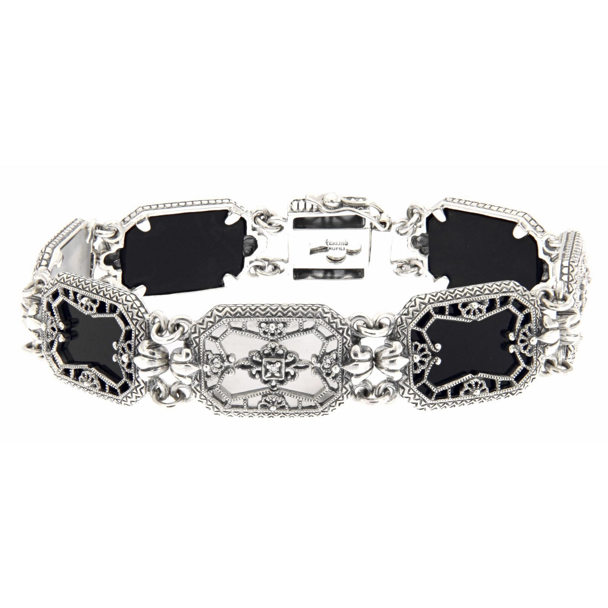 Filigree, Diamond, Black Onyx, sterling silver bracelets, front view