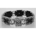 Detail view of Victorian Style Black Onyx Diamond Filigree Bracelet highlighting Diamond, Black Onyx