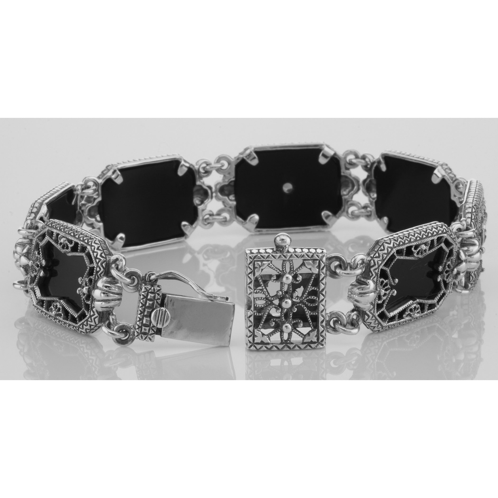 Back view of Victorian Style Black Onyx Diamond Filigree Bracelet showing 925 sterling silver hallmark and toggle or lobster 