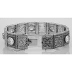 Back view of Beautiful Art Deco Style CZ Filigree Link Bracelet showing 925 sterling silver hallmark and toggle or lobster cl
