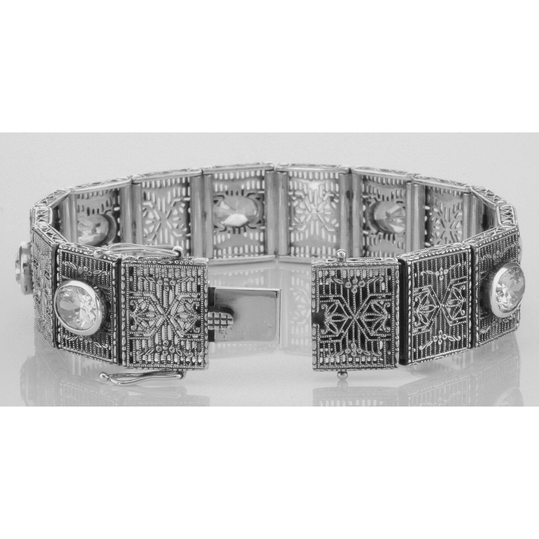 Back view of Beautiful Art Deco Style CZ Filigree Link Bracelet showing 925 sterling silver hallmark and toggle or lobster cl
