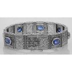 Detail view of Beautiful Art Deco Style Syn. Blue Sapphire Filigree Bracelet highlighting Sapphire