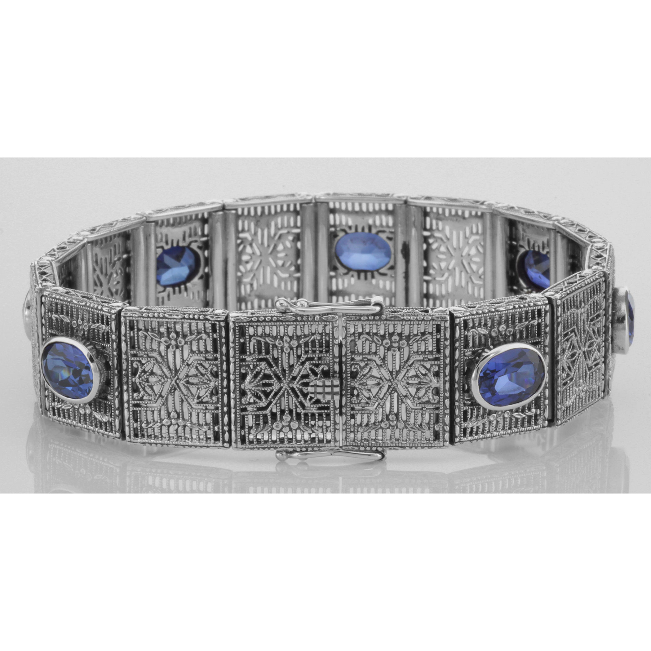 Detail view of Beautiful Art Deco Style Syn. Blue Sapphire Filigree Bracelet highlighting Sapphire