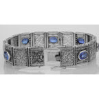 Back view of Beautiful Art Deco Style Syn. Blue Sapphire Filigree Bracelet showing 925 sterling silver hallmark and toggle or