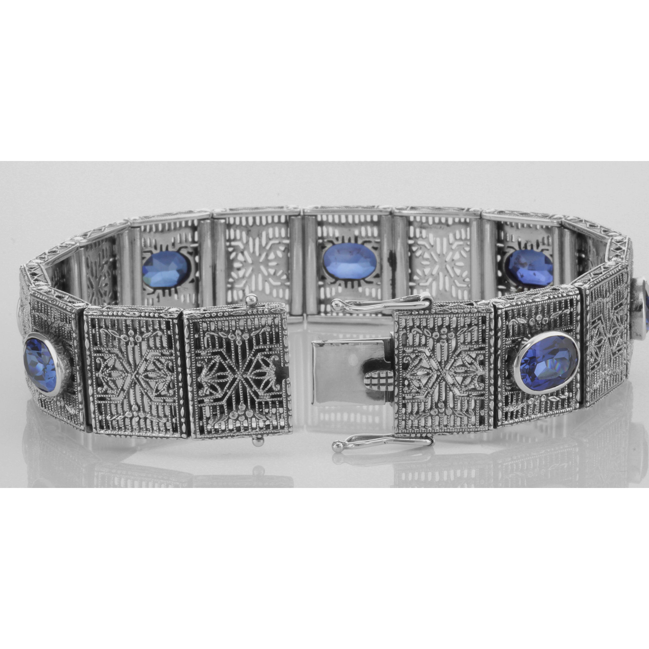 Back view of Beautiful Art Deco Style Syn. Blue Sapphire Filigree Bracelet showing 925 sterling silver hallmark and toggle or