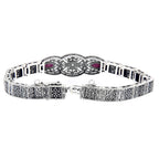 Back view of Art Deco Style Ruby White Topaz Filigree Bracelet Sterling Silver showing 925 sterling silver hallmark and toggl