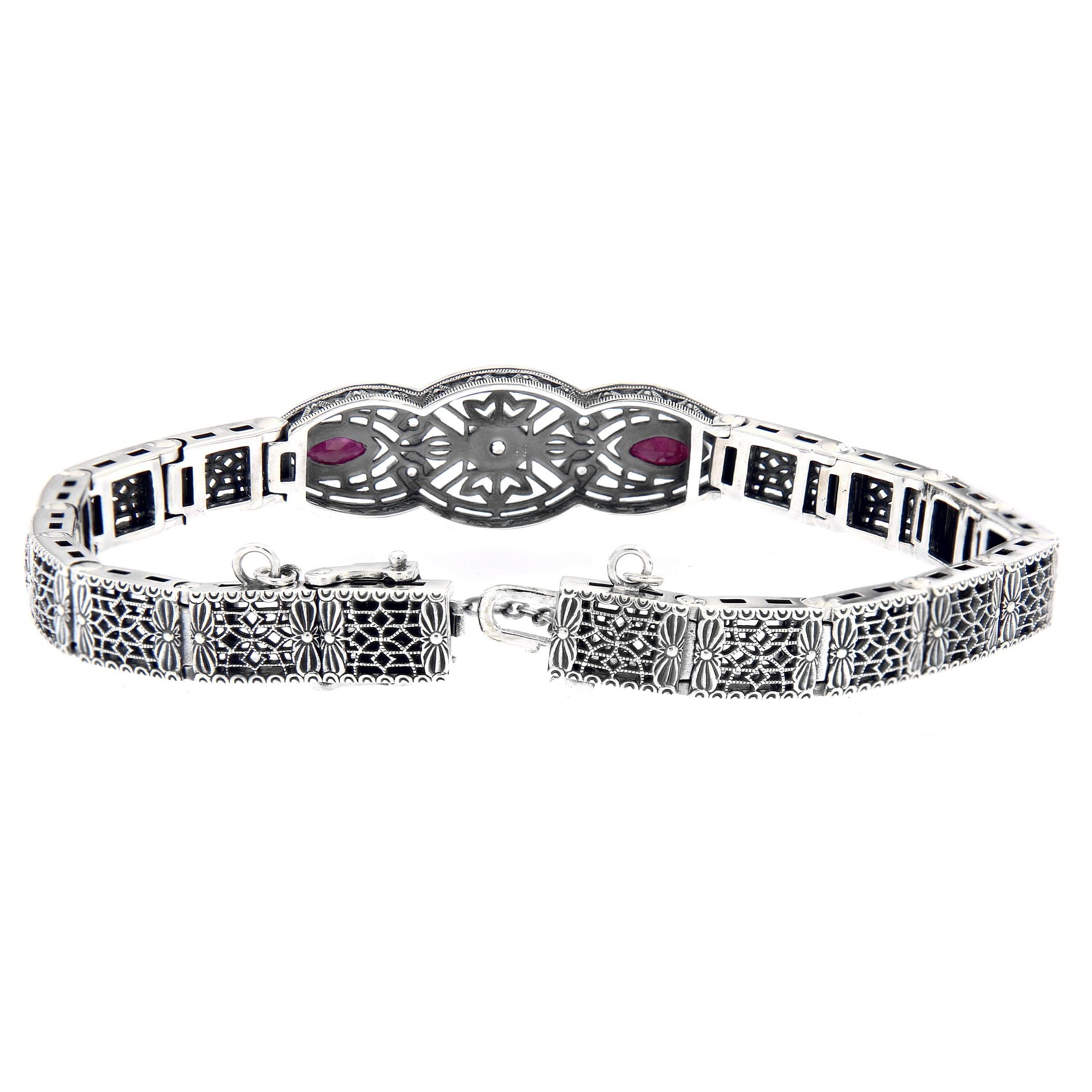 Back view of Art Deco Style Ruby White Topaz Filigree Bracelet Sterling Silver showing 925 sterling silver hallmark and toggl