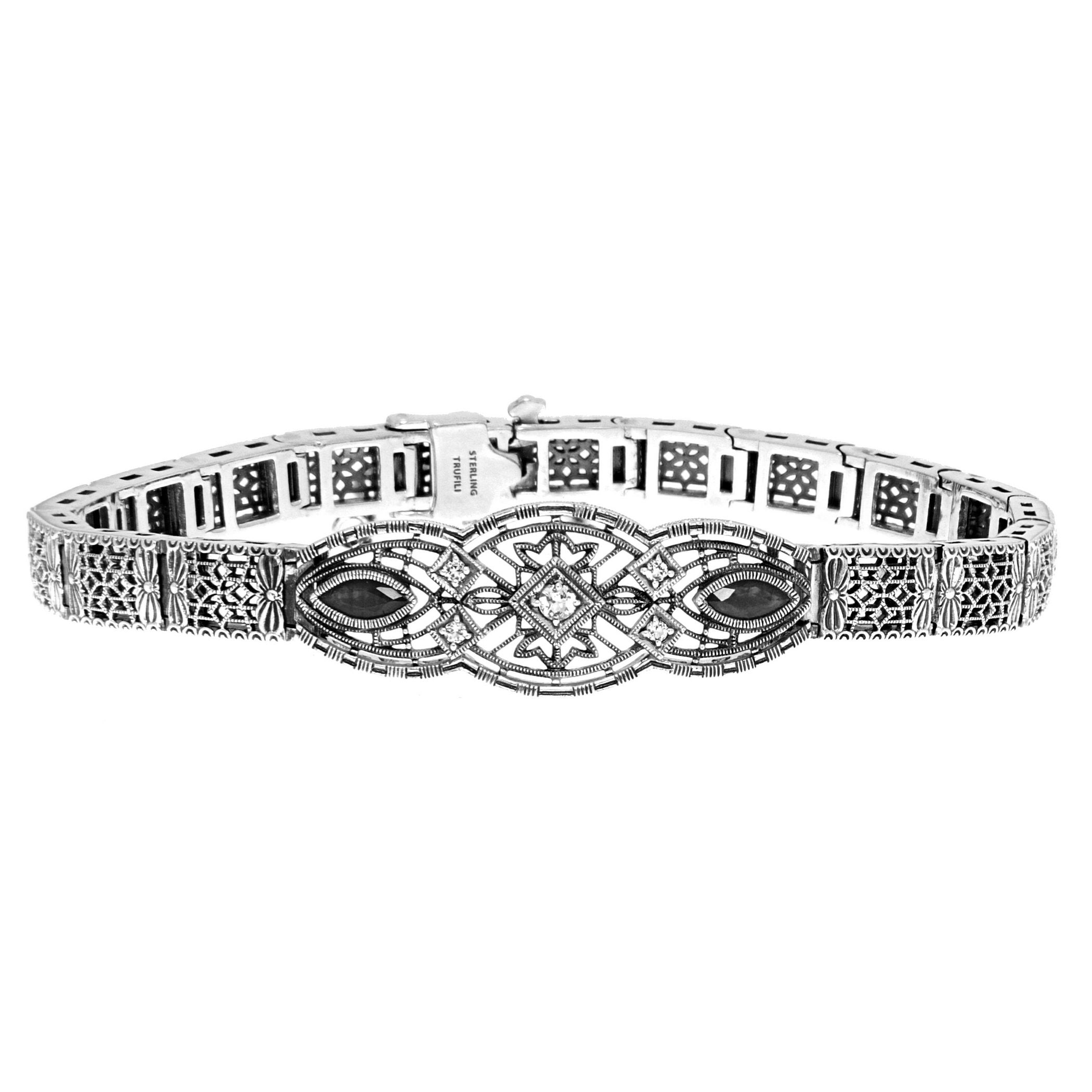 Art Deco style, White Topaz, Ruby, sterling silver bracelets, front view
