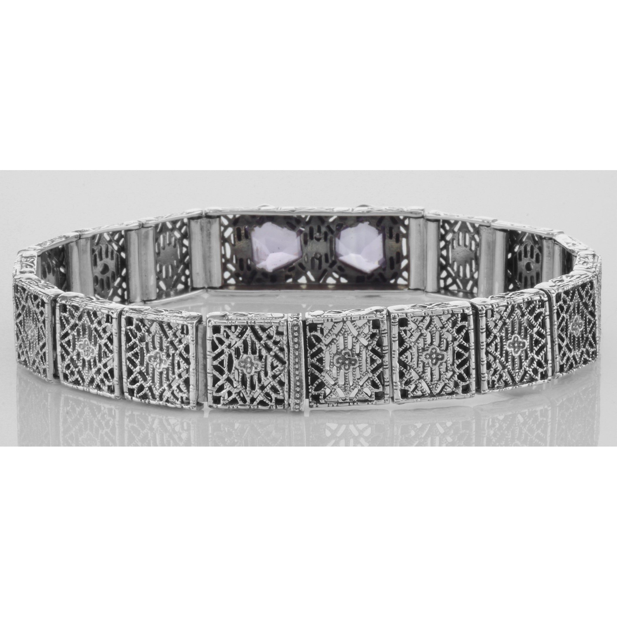 Detail view of Art Deco Style Filigree Bracelet Genuine Amethyst Diamond Sterling Silver highlighting Amethyst, Diamond