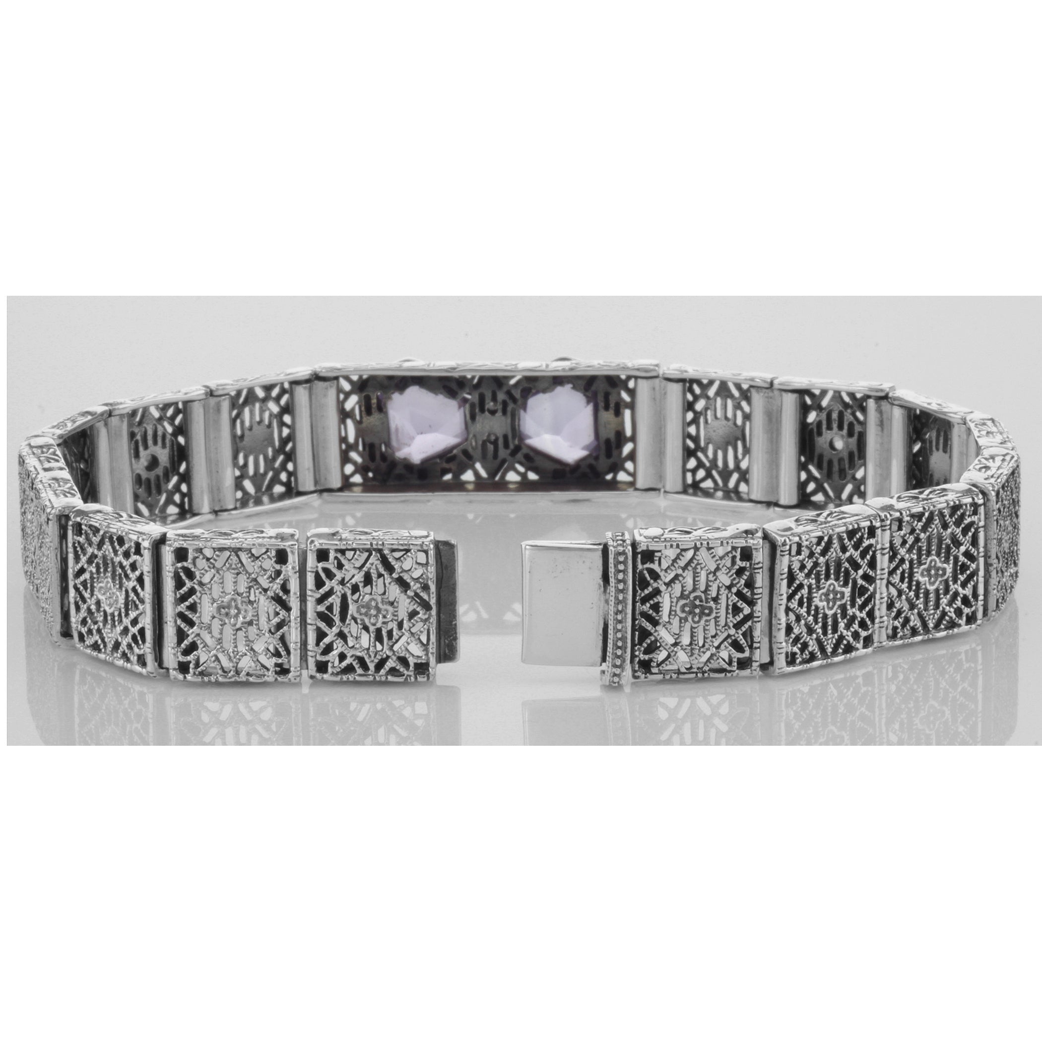 Back view of Art Deco Style Filigree Bracelet Genuine Amethyst Diamond Sterling Silver showing 925 sterling silver hallmark a