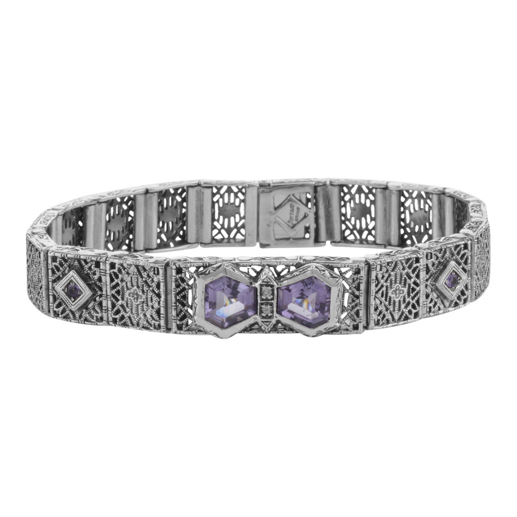 Art Deco style, Amethyst, Diamond, sterling silver bracelets, front view