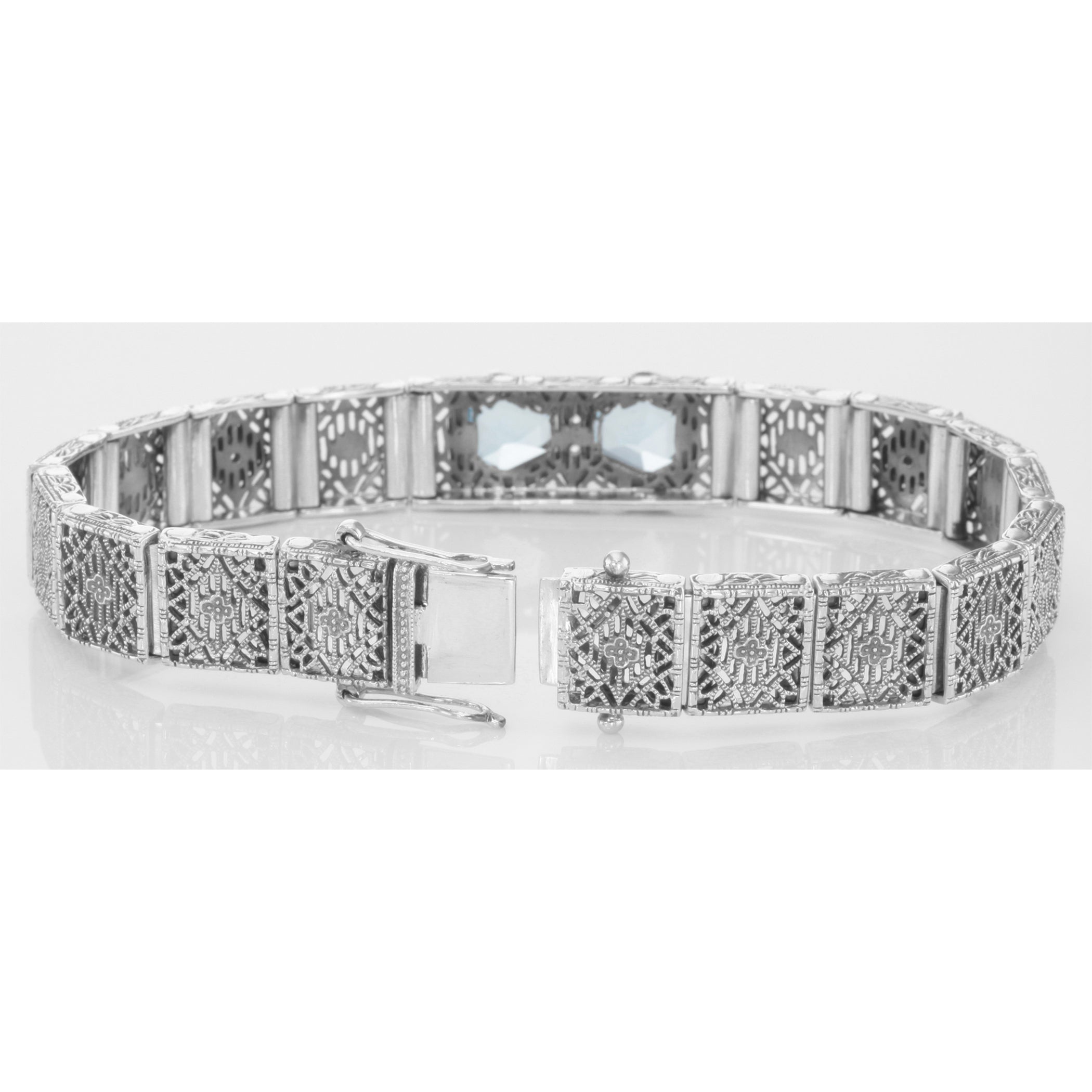 Back view of Art Deco Style Filigree Bracelet Genuine Blue Topaz Diamond Sterling Silver showing 925 sterling silver hallmark