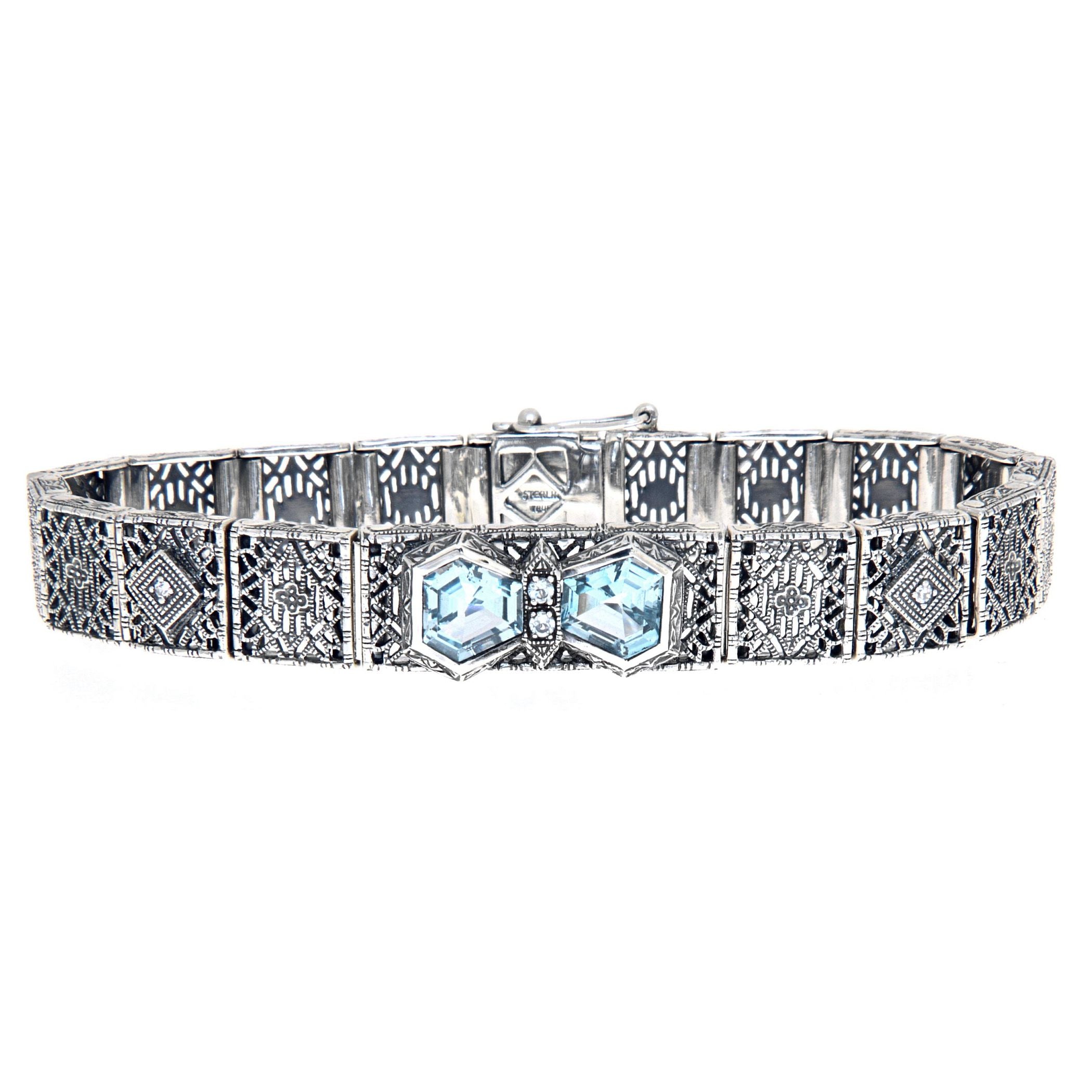 Art Deco style, Blue Topaz, Diamond, sterling silver bracelets, front view