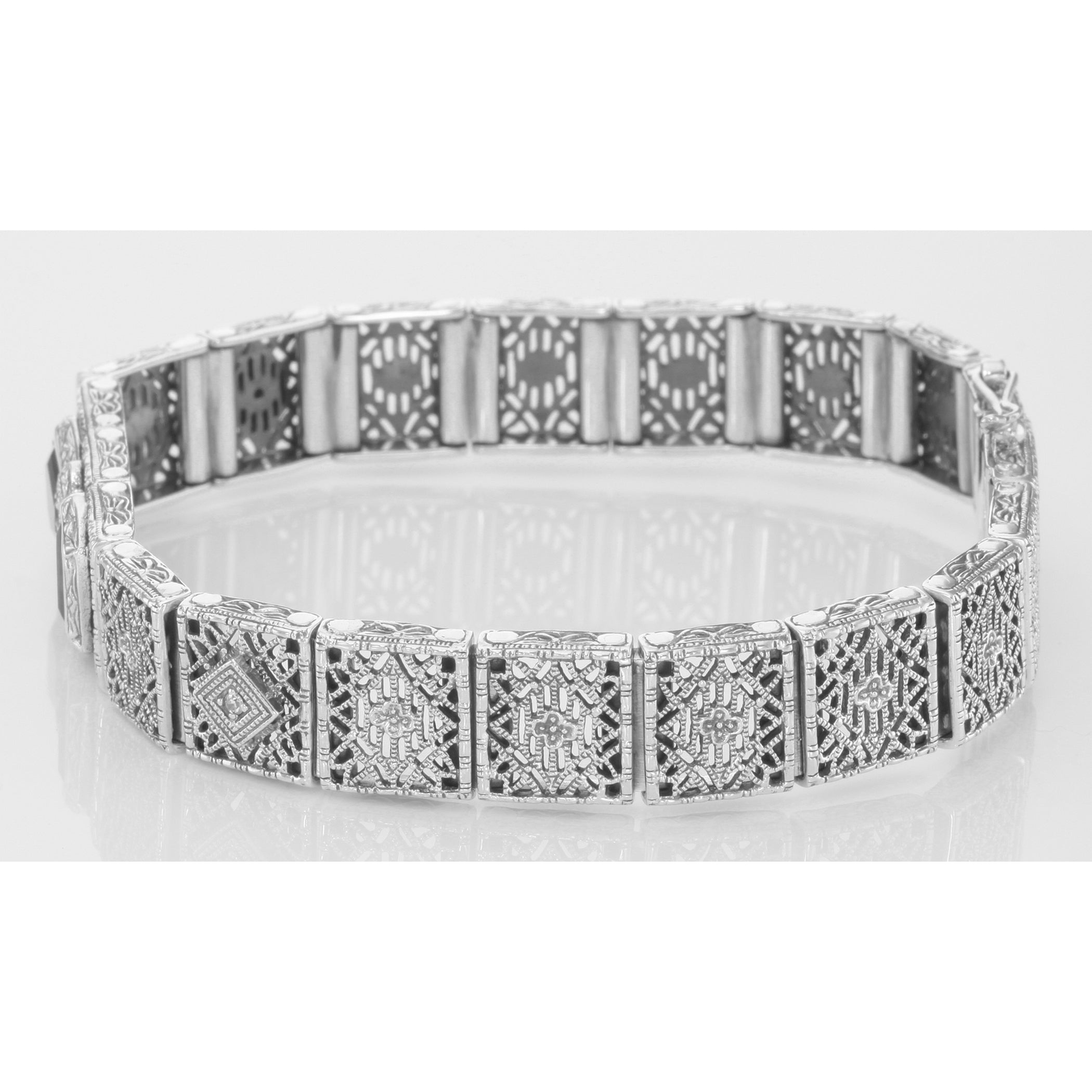 Detail view of Art Deco Style Filigree Bracelet Genuine Garnet Diamond Sterling Silver highlighting Garnet, Diamond