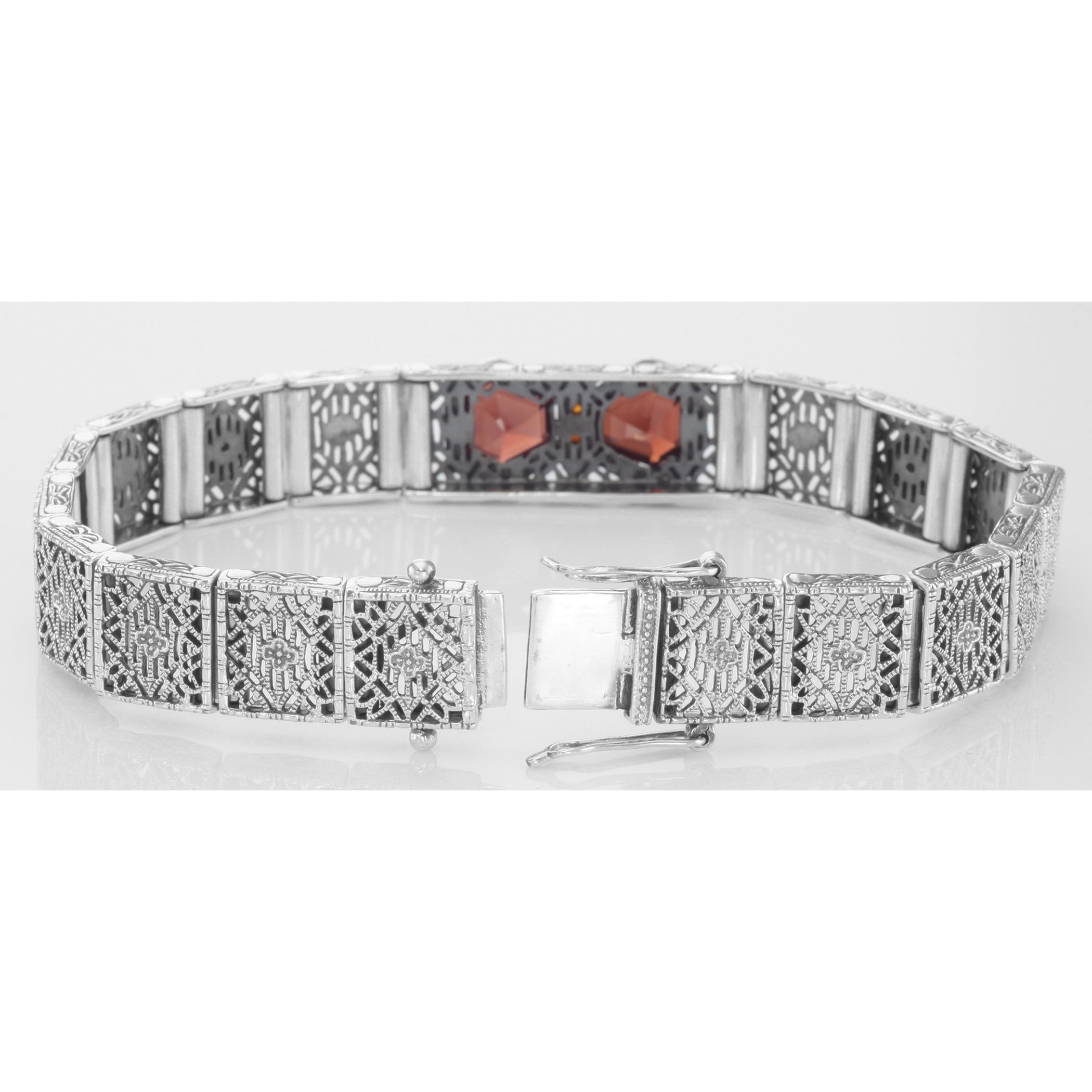 Back view of Art Deco Style Filigree Bracelet Genuine Garnet Diamond Sterling Silver showing 925 sterling silver hallmark and