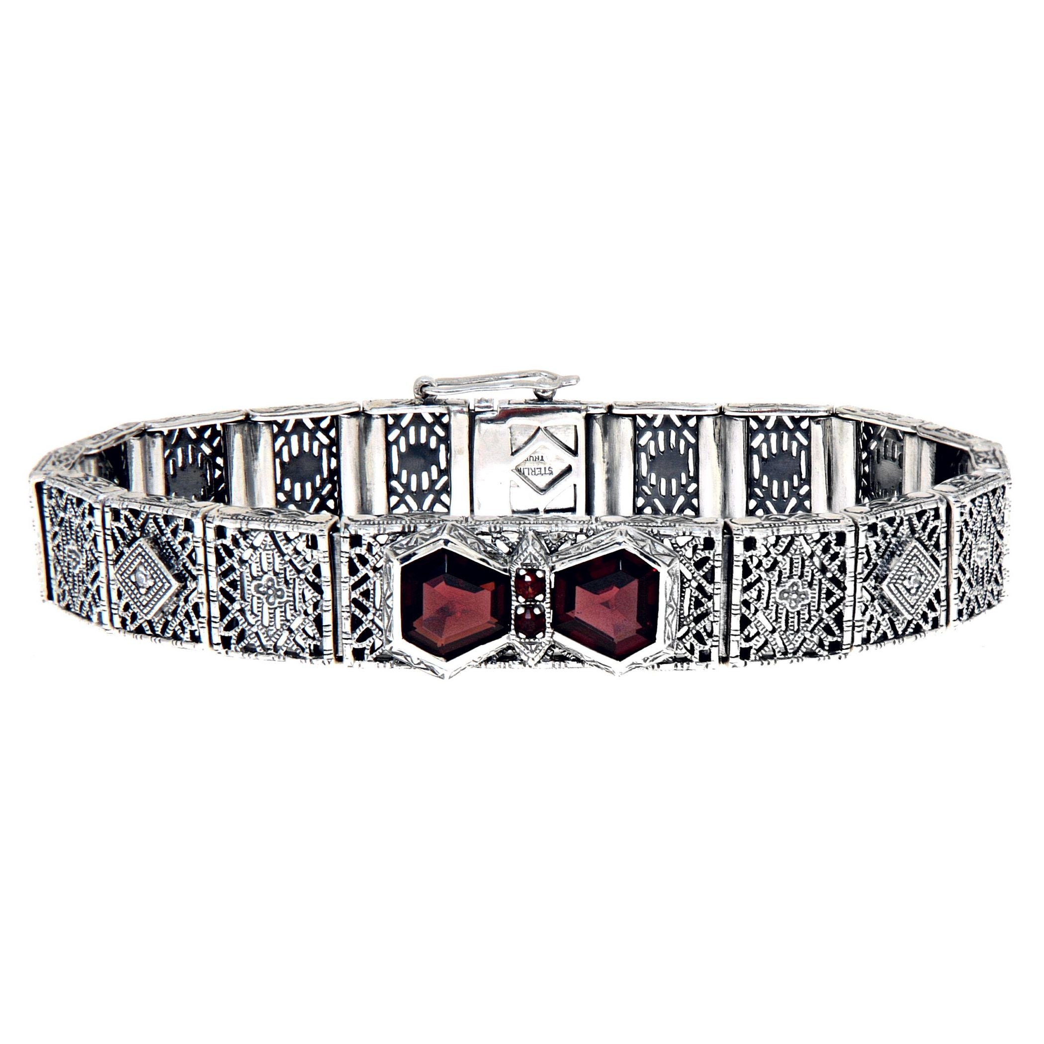 Art Deco style, Garnet, Diamond, sterling silver bracelets, front view