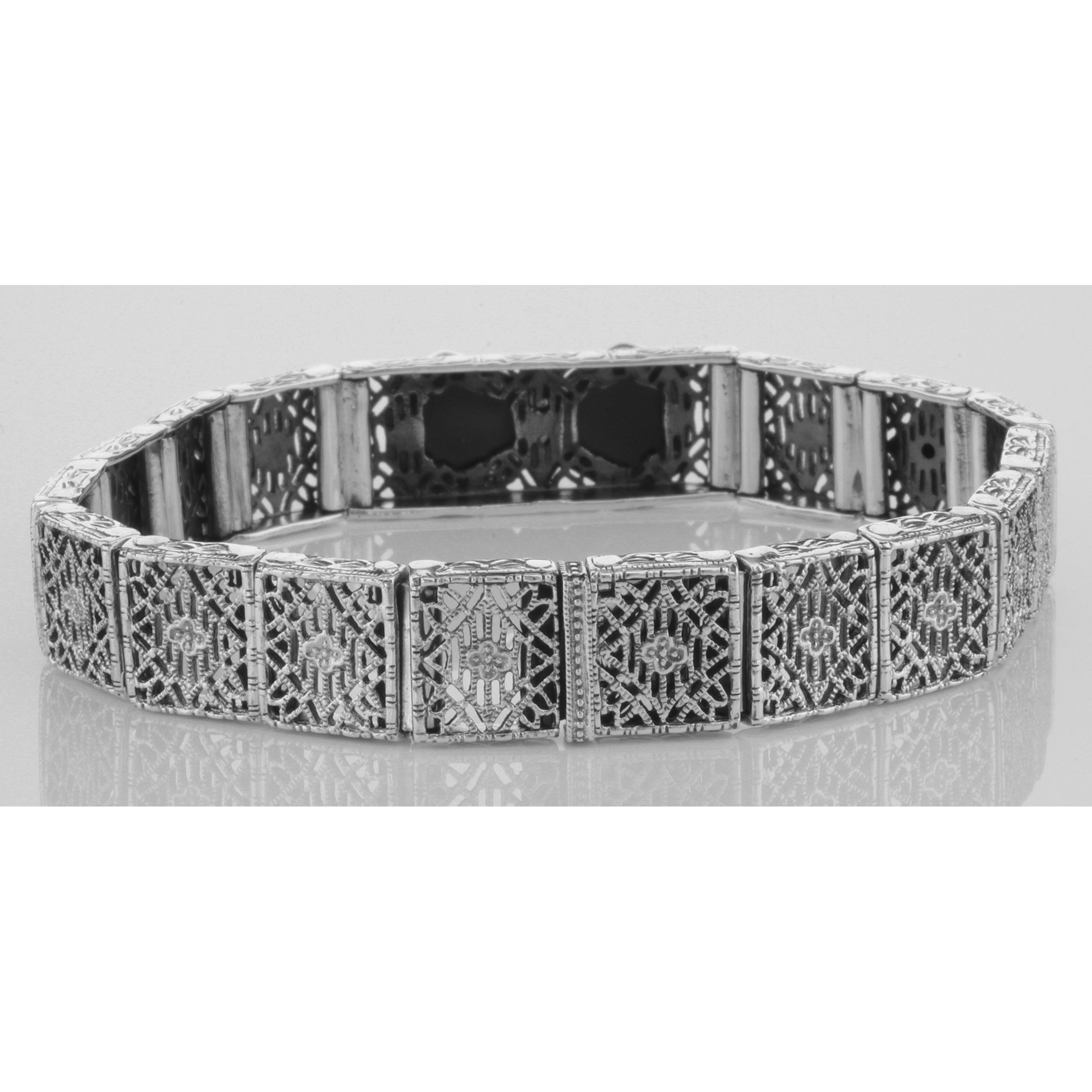 Detail view of Art Deco Style Filigree Link Bracelet Black Onyx Diamonds Sterling Silver highlighting Diamond, Black Onyx