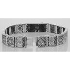 Back view of Art Deco Style Filigree Link Bracelet Black Onyx Diamonds Sterling Silver showing 925 sterling silver hallmark a