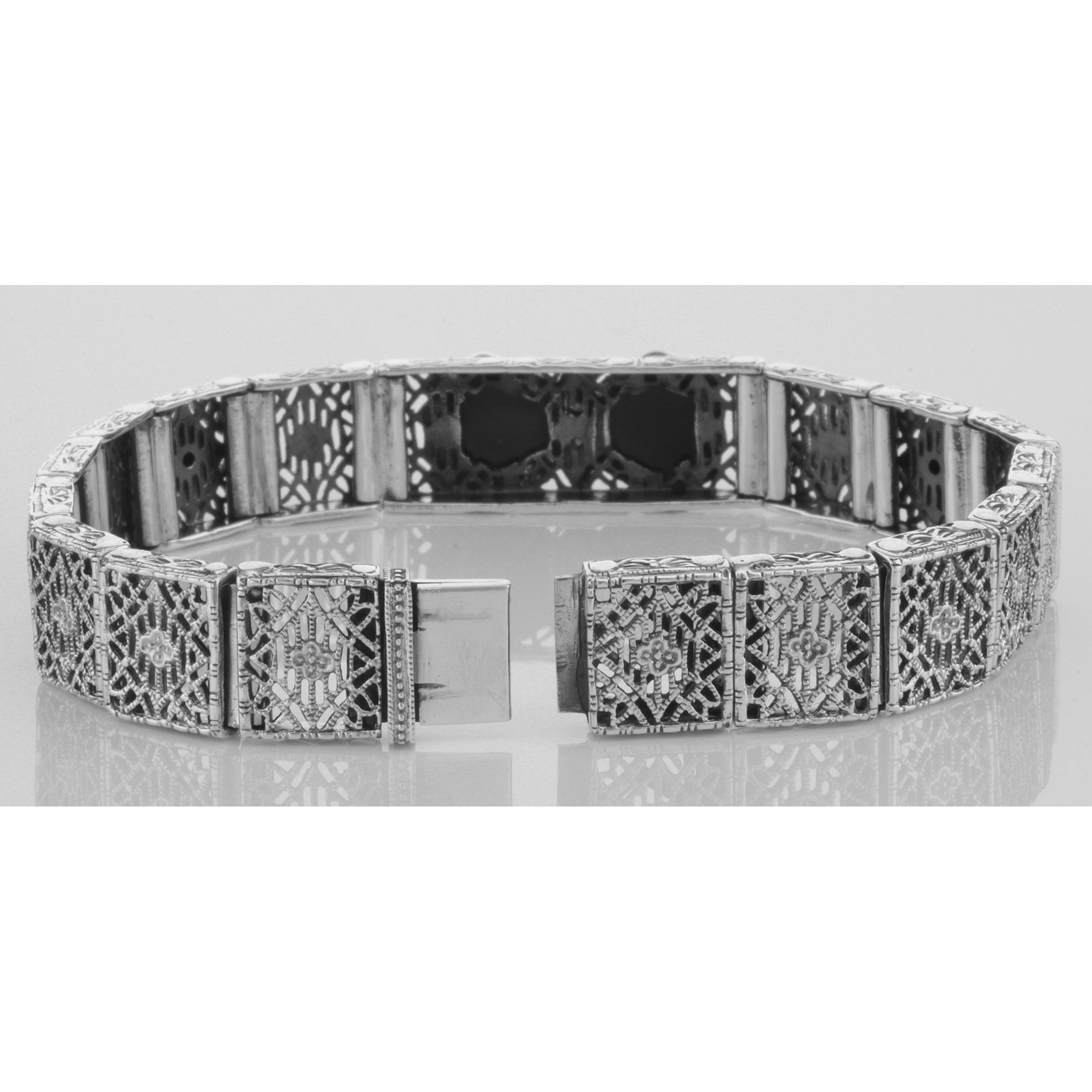 Back view of Art Deco Style Filigree Link Bracelet Black Onyx Diamonds Sterling Silver showing 925 sterling silver hallmark a