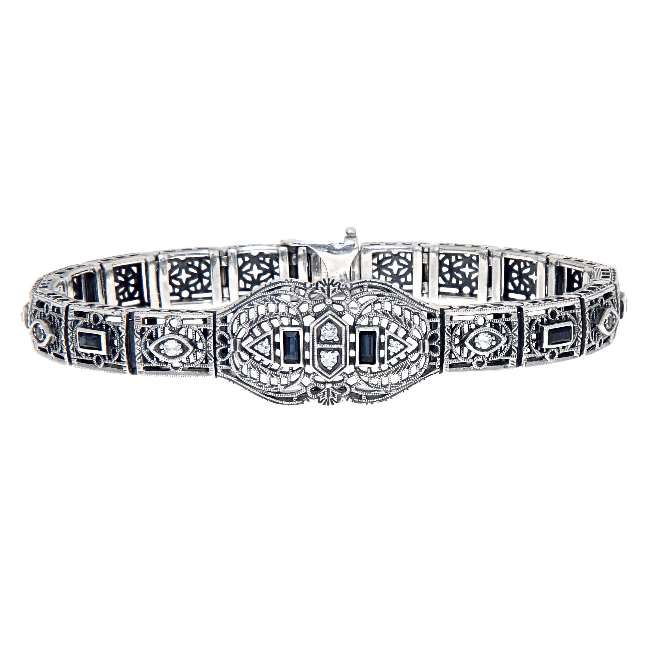 Art Deco style, White Topaz, Sapphire, sterling silver bracelets, front view