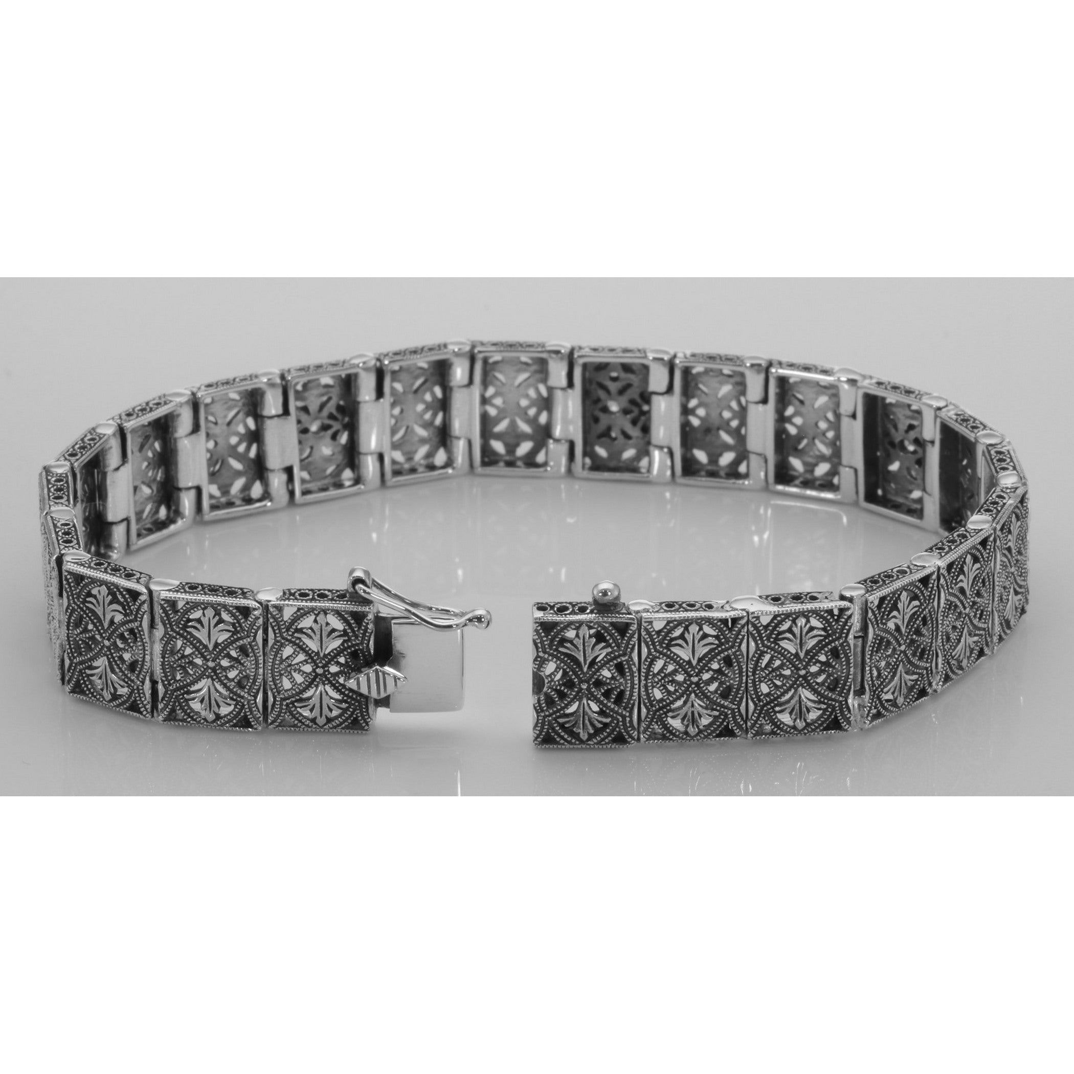 Back view of Victorian Style Amethyst and Diamond Filigree Link Bracelet showing 925 sterling silver hallmark and toggle or l
