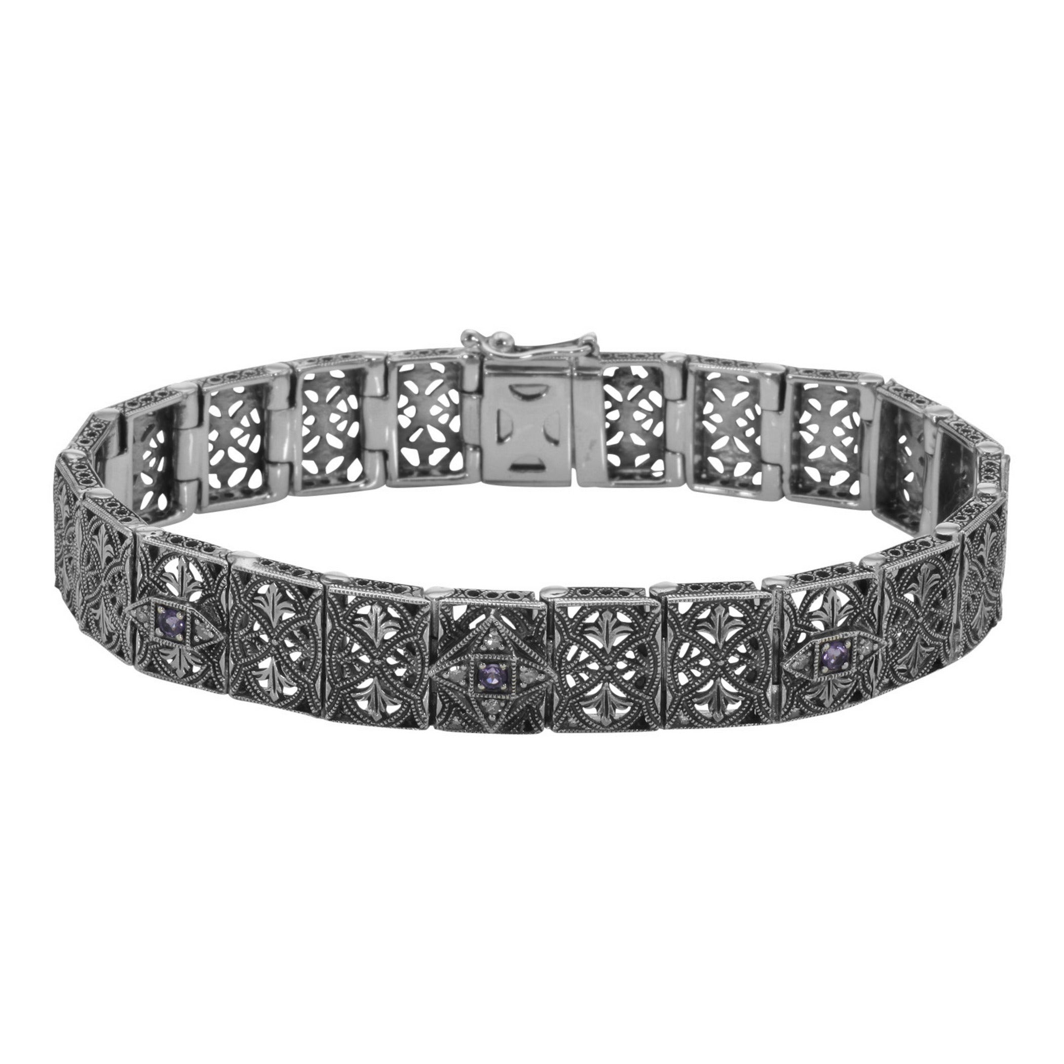 Victorian style, Amethyst, Diamond, sterling silver bracelets, front view