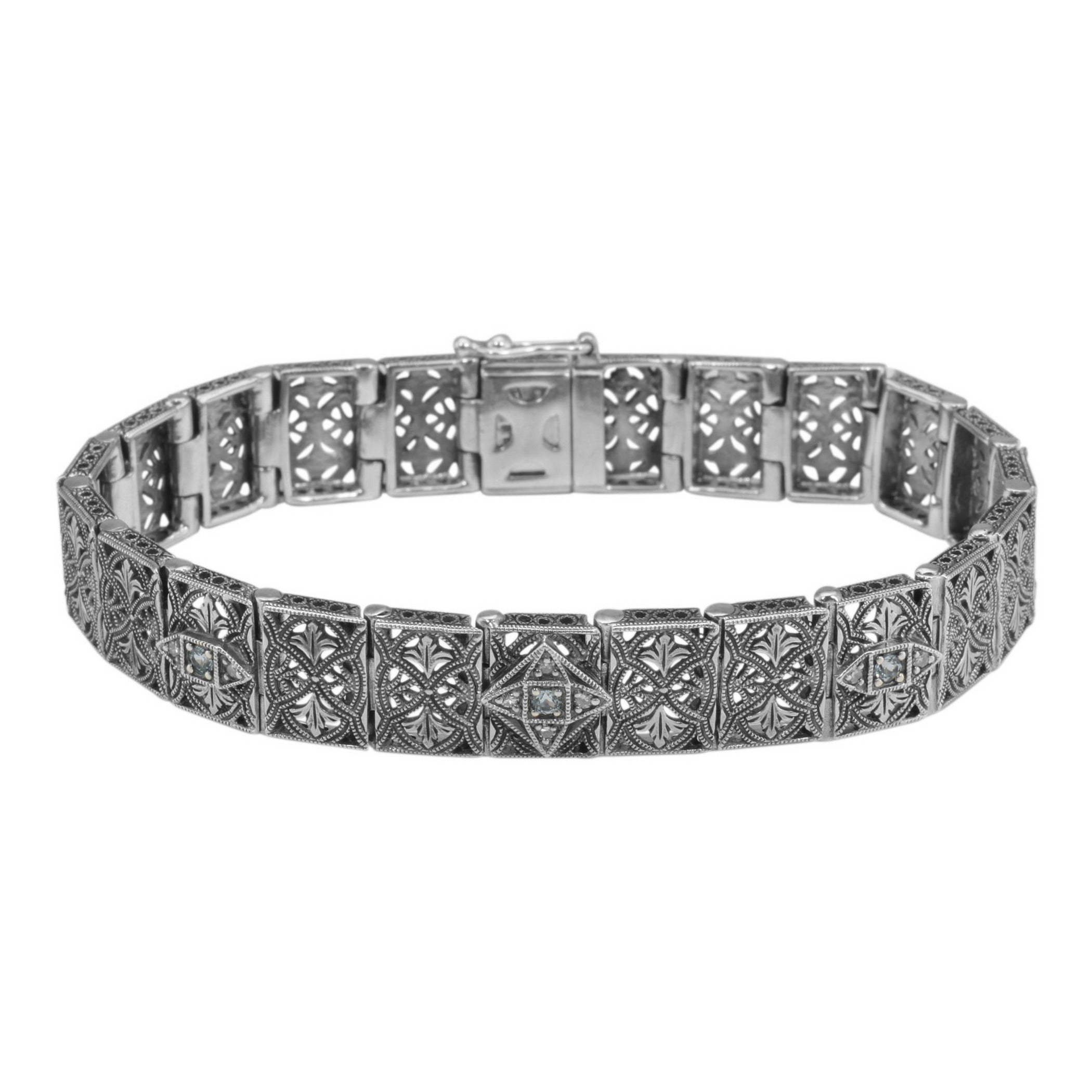 Victorian style, Blue Topaz, Diamond, sterling silver bracelets, front view