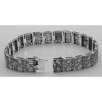 Back view of Victorian Style Blue Sapphire and Diamond Filigree Link Bracelet Sterling Silver showing 925 sterling silver hal