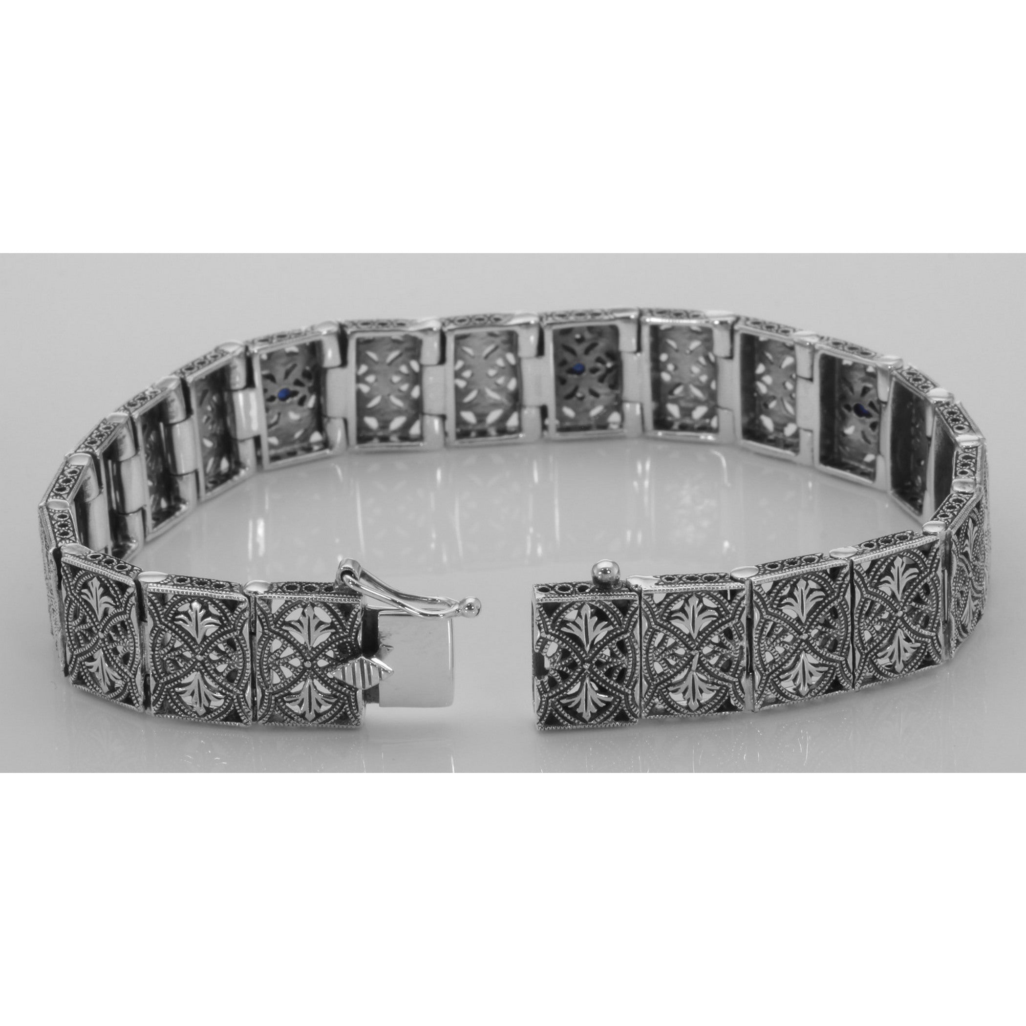 Back view of Victorian Style Blue Sapphire and Diamond Filigree Link Bracelet Sterling Silver showing 925 sterling silver hal