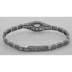 Detail view of Victorian Style Amethyst Filigree Link Bracelet in Fine Sterling Silver highlighting Amethyst
