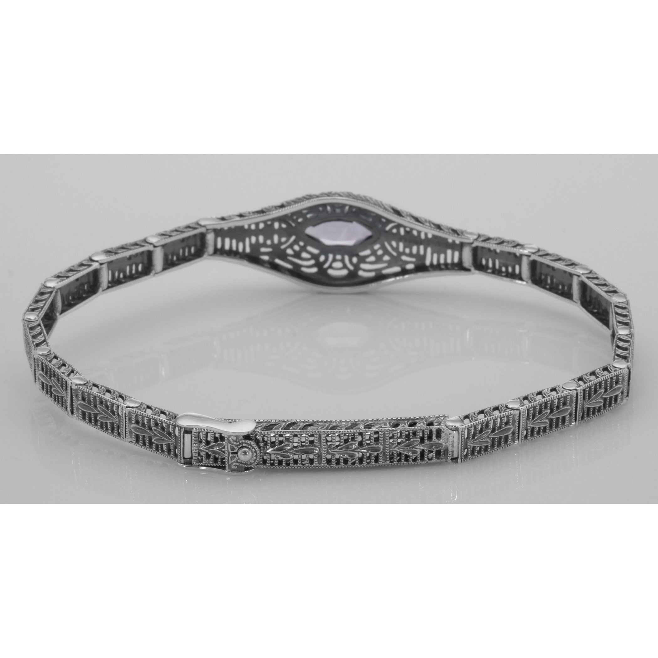 Detail view of Victorian Style Amethyst Filigree Link Bracelet in Fine Sterling Silver highlighting Amethyst