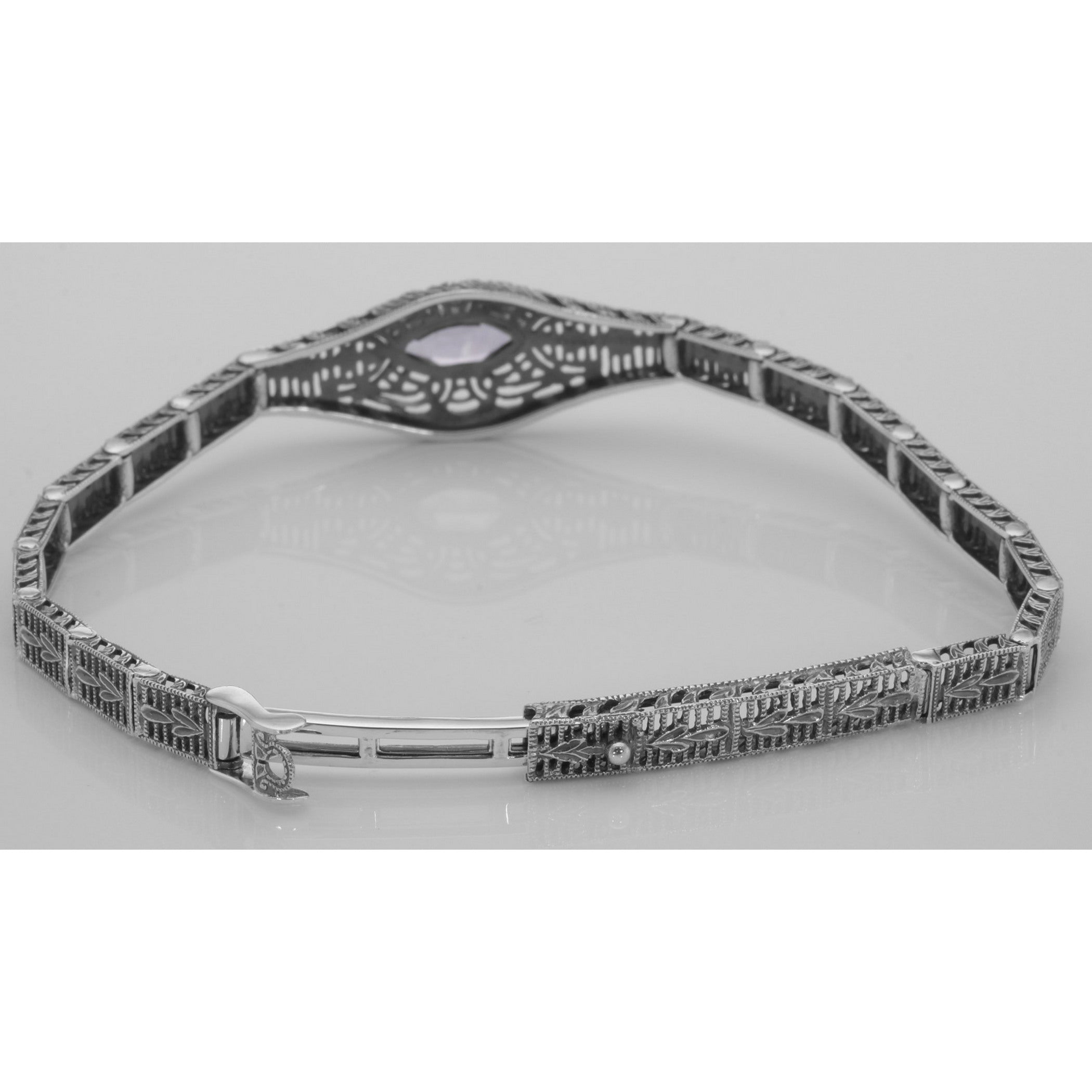 Back view of Victorian Style Amethyst Filigree Link Bracelet in Fine Sterling Silver showing 925 sterling silver hallmark and