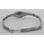 Back view of Victorian Style Garnet Filigree Link Bracelet in Fine Sterling Silver showing 925 sterling silver hallmark and t