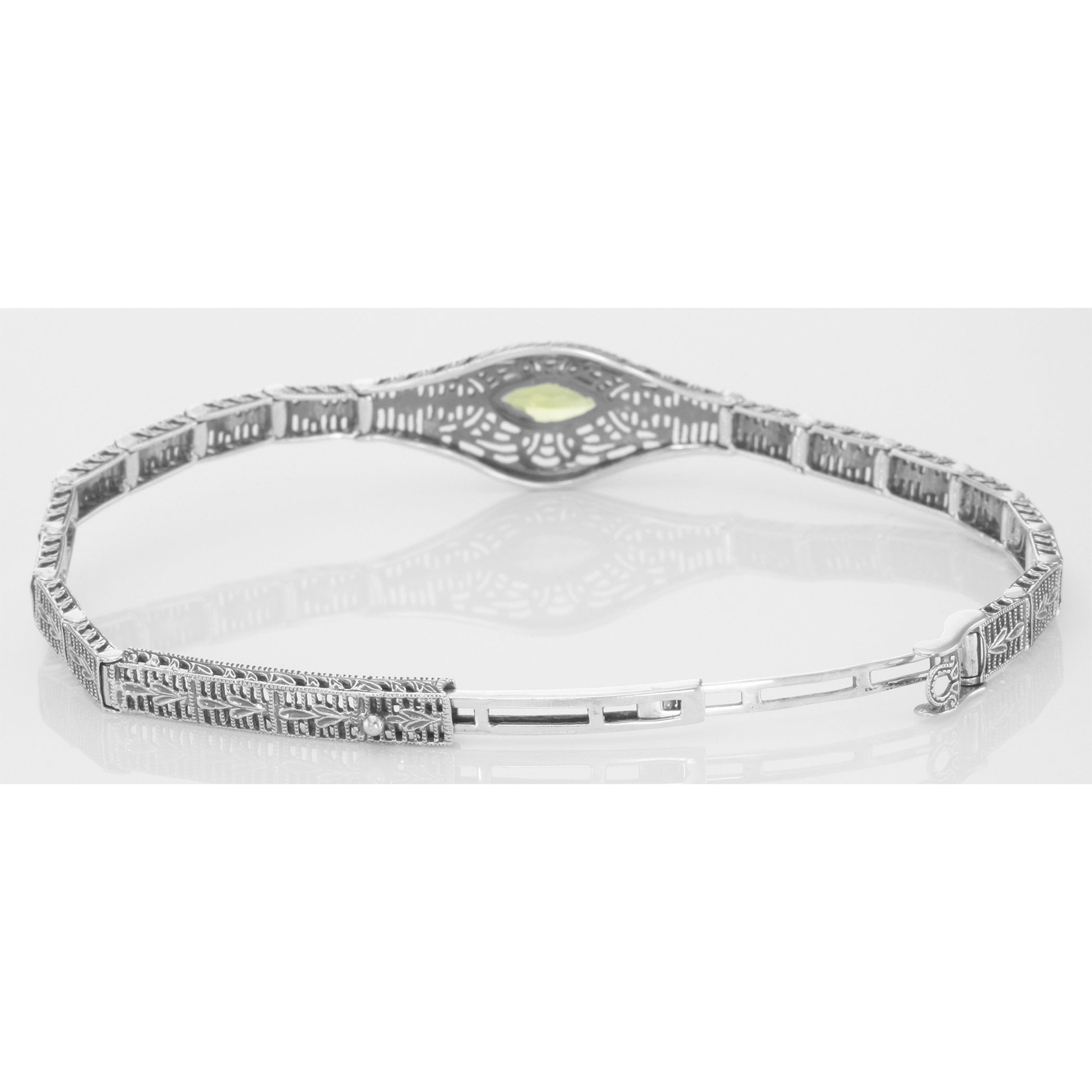 Back view of Victorian Style Peridot Filigree Link Bracelet in Fine Sterling Silver showing 925 sterling silver hallmark and 