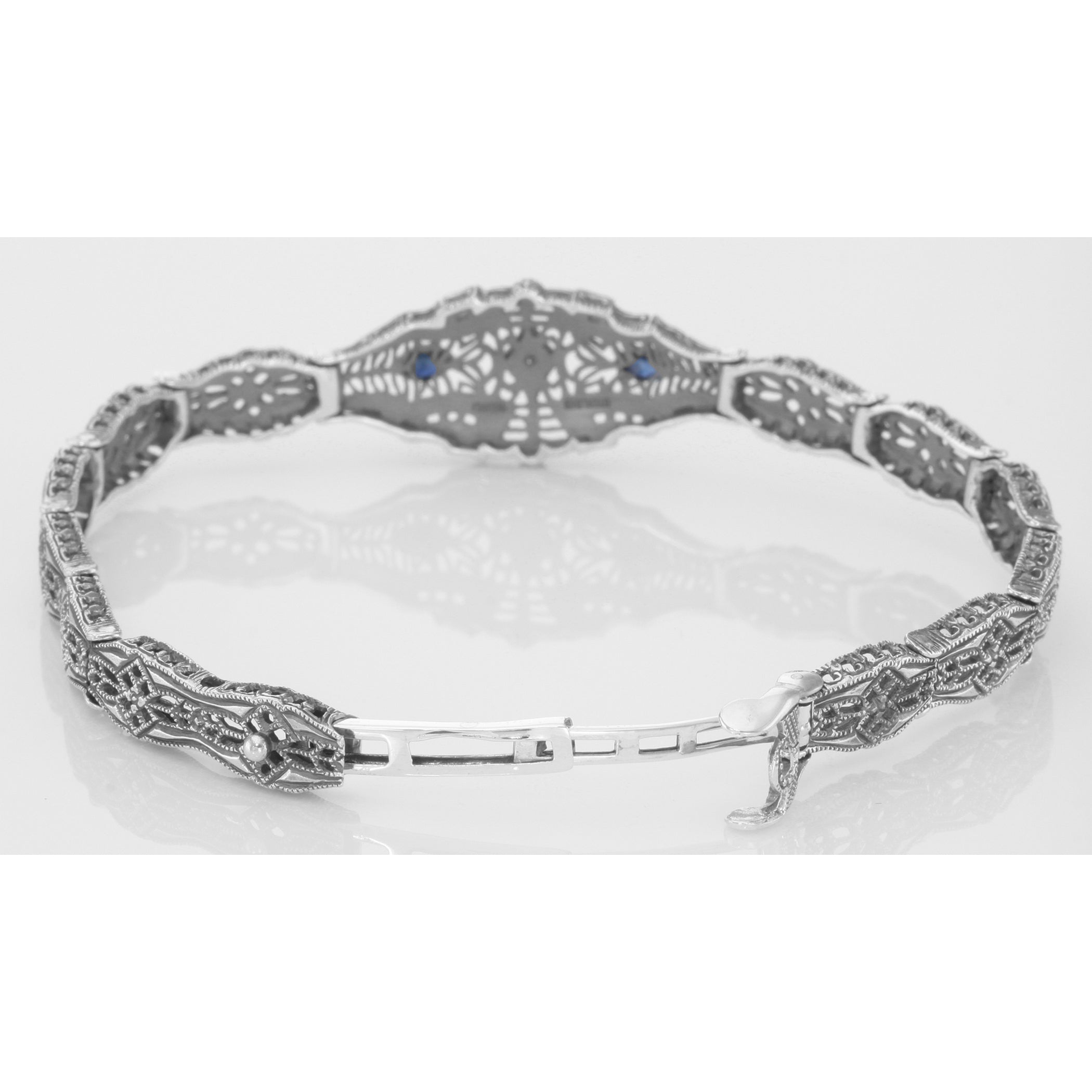 Back view of Art Deco Style Blue Sapphire Diamond Filigree Bracelet in Fine Sterling Silver showing 925 sterling silver hallm