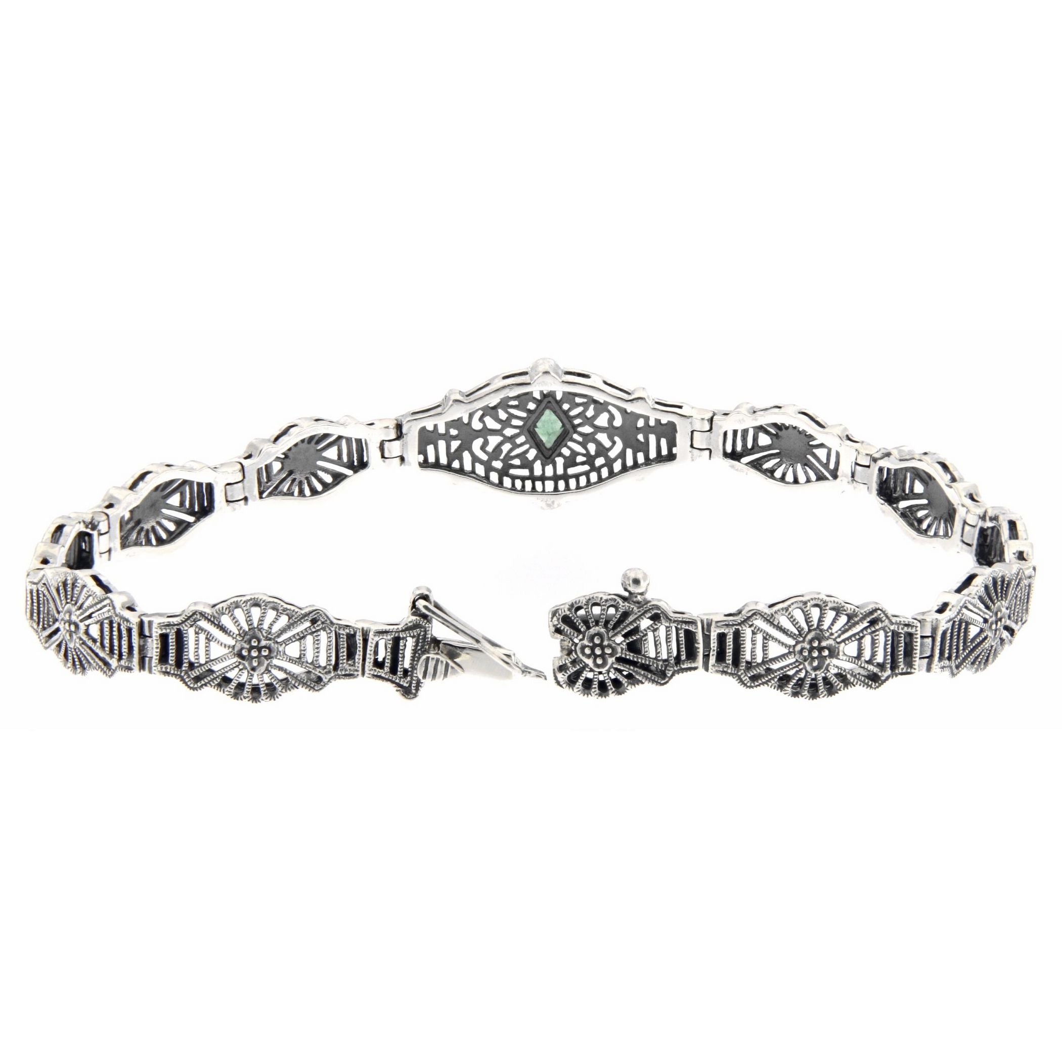 Back view of Art Deco Style Genuine Emerald Filigree Bracelet - Sterling Silver 7 1/4 inches showing 925 sterling silver hall