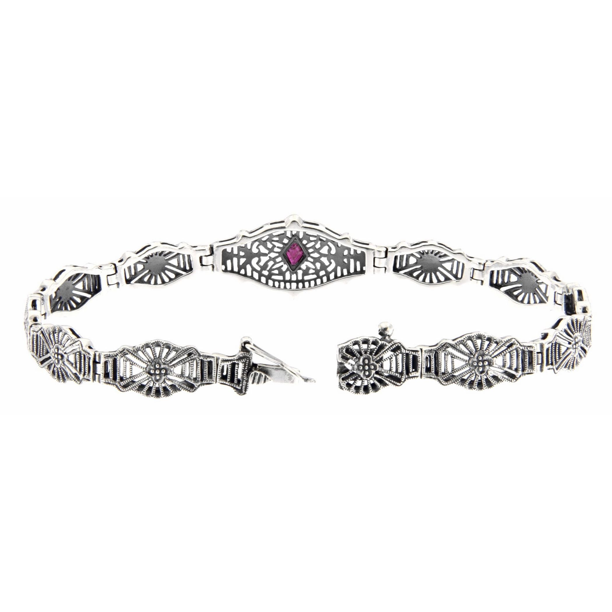 Back view of Art Deco Style Genuine Ruby Filigree Bracelet - Sterling Silver 7 1/4 inches showing 925 sterling silver hallmar