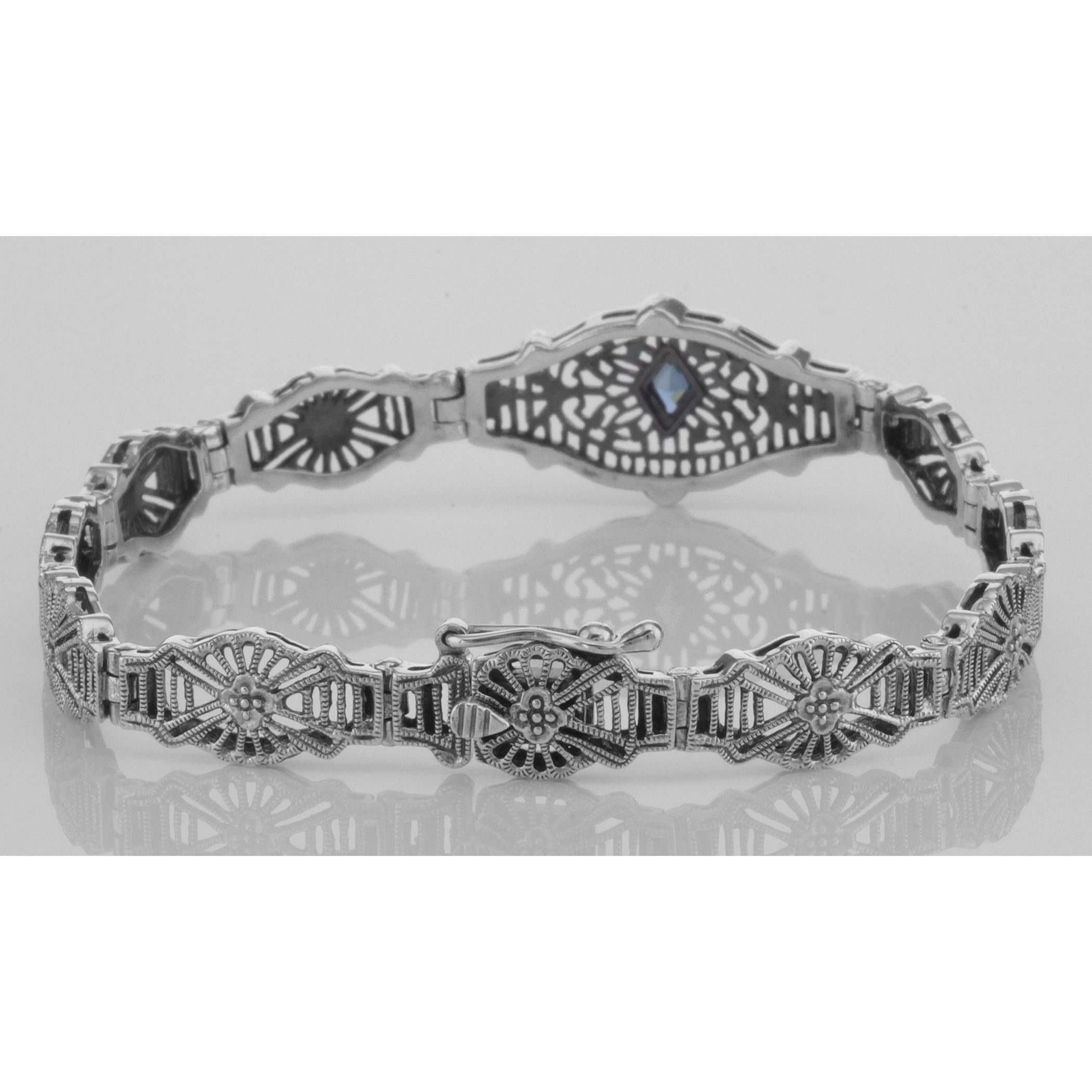 Detail view of Art Deco Style Blue Sapphire Filigree Bracelet - Sterling Silver 7 1/4 inches highlighting Sapphire
