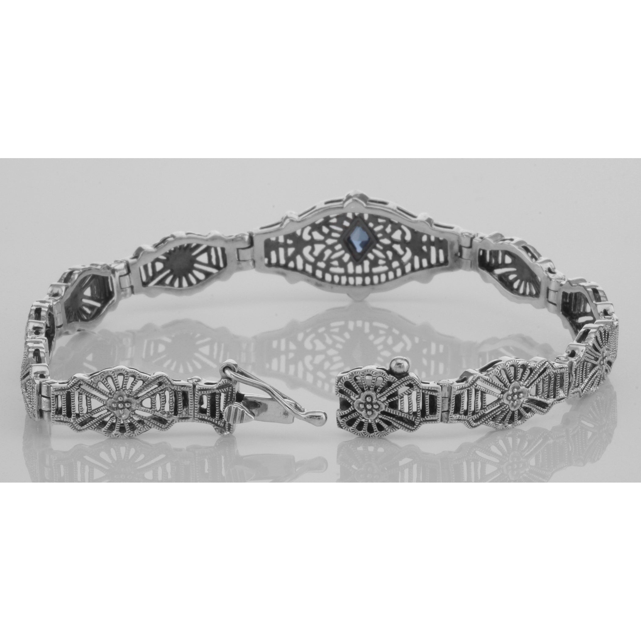Back view of Art Deco Style Blue Sapphire Filigree Bracelet - Sterling Silver 7 1/4 inches showing 925 sterling silver hallma