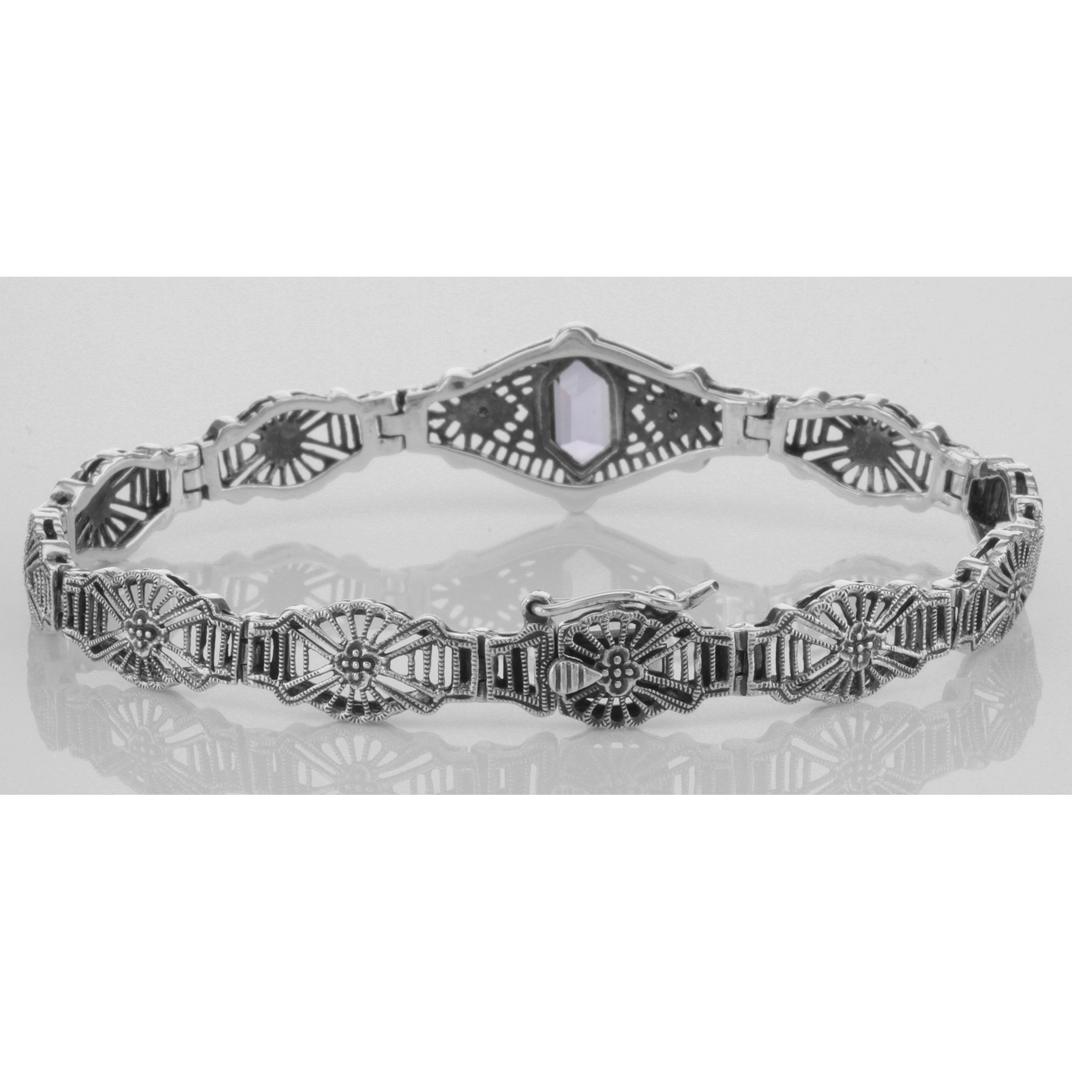 Detail view of Victorian Style Amethyst Diamond Filigree Link Bracelet Sterling Silver highlighting Amethyst, Diamond