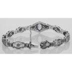 Back view of Victorian Style Amethyst Diamond Filigree Link Bracelet Sterling Silver showing 925 sterling silver hallmark and