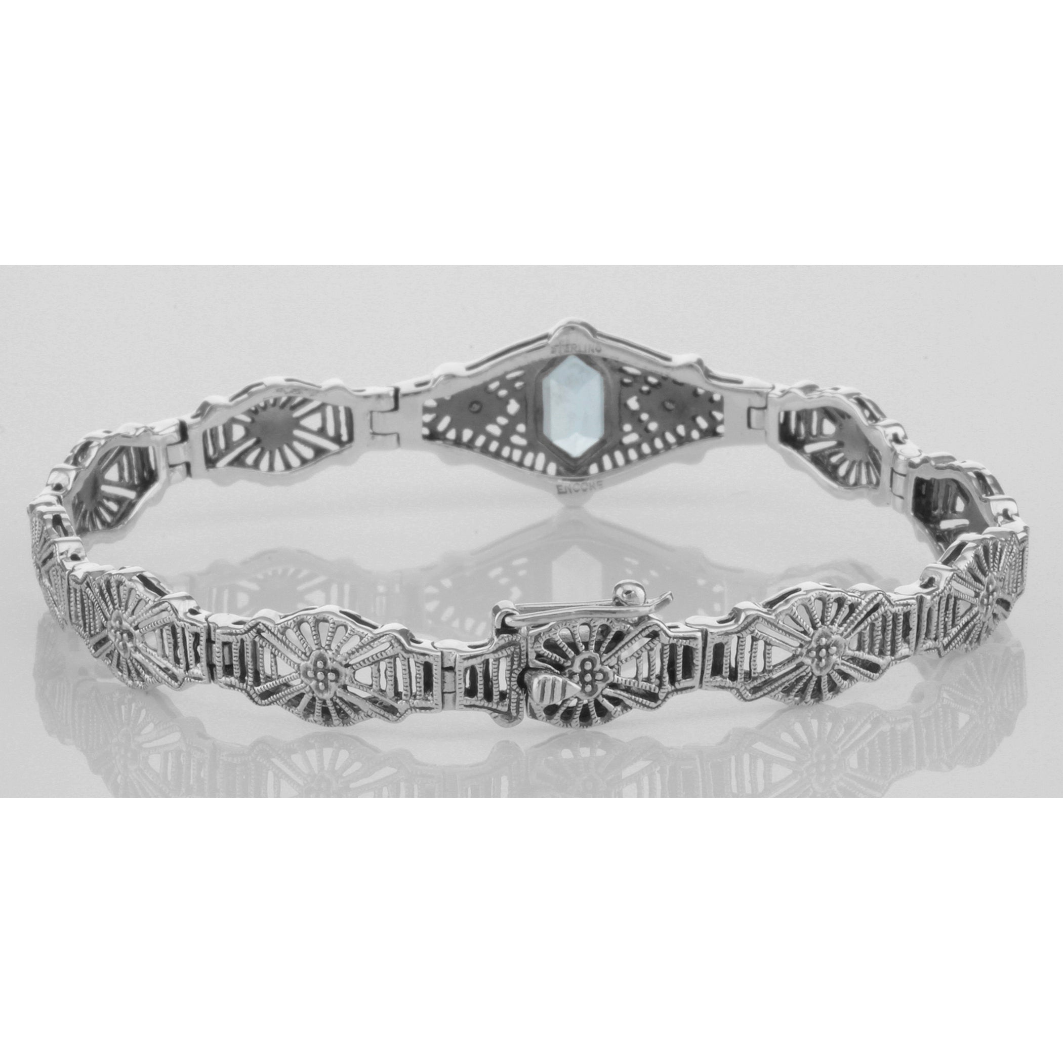 Detail view of Art Deco Style Blue Topaz / Diamond Filigree Bracelet highlighting Blue Topaz, Diamond