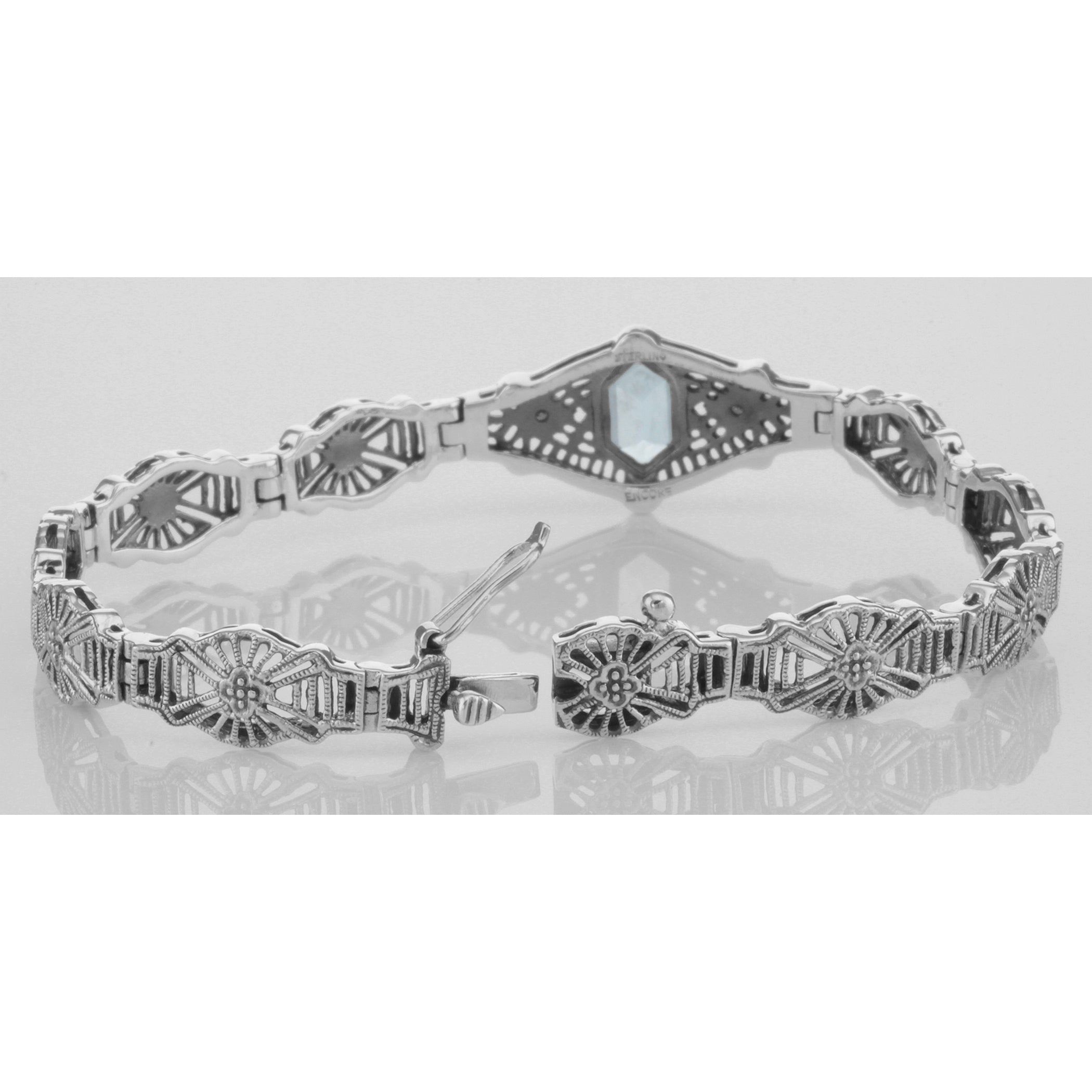 Back view of Art Deco Style Blue Topaz / Diamond Filigree Bracelet showing 925 sterling silver hallmark and toggle or lobster
