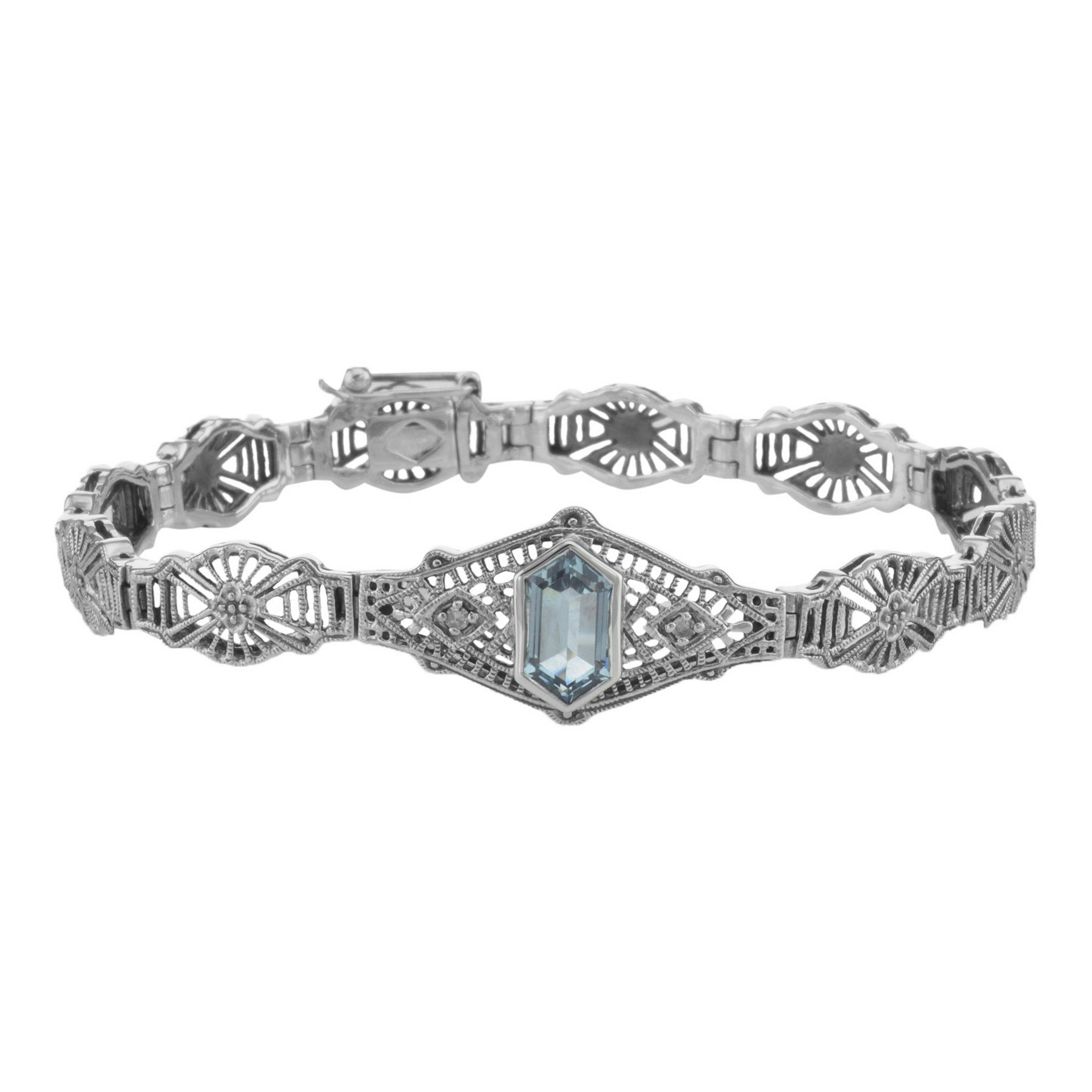 Art Deco style, Blue Topaz, Diamond, sterling silver bracelets, front view