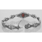 Detail view of Victorian Style Red Garnet Diamond Filigree Link Bracelet - Sterling highlighting Garnet, Diamond