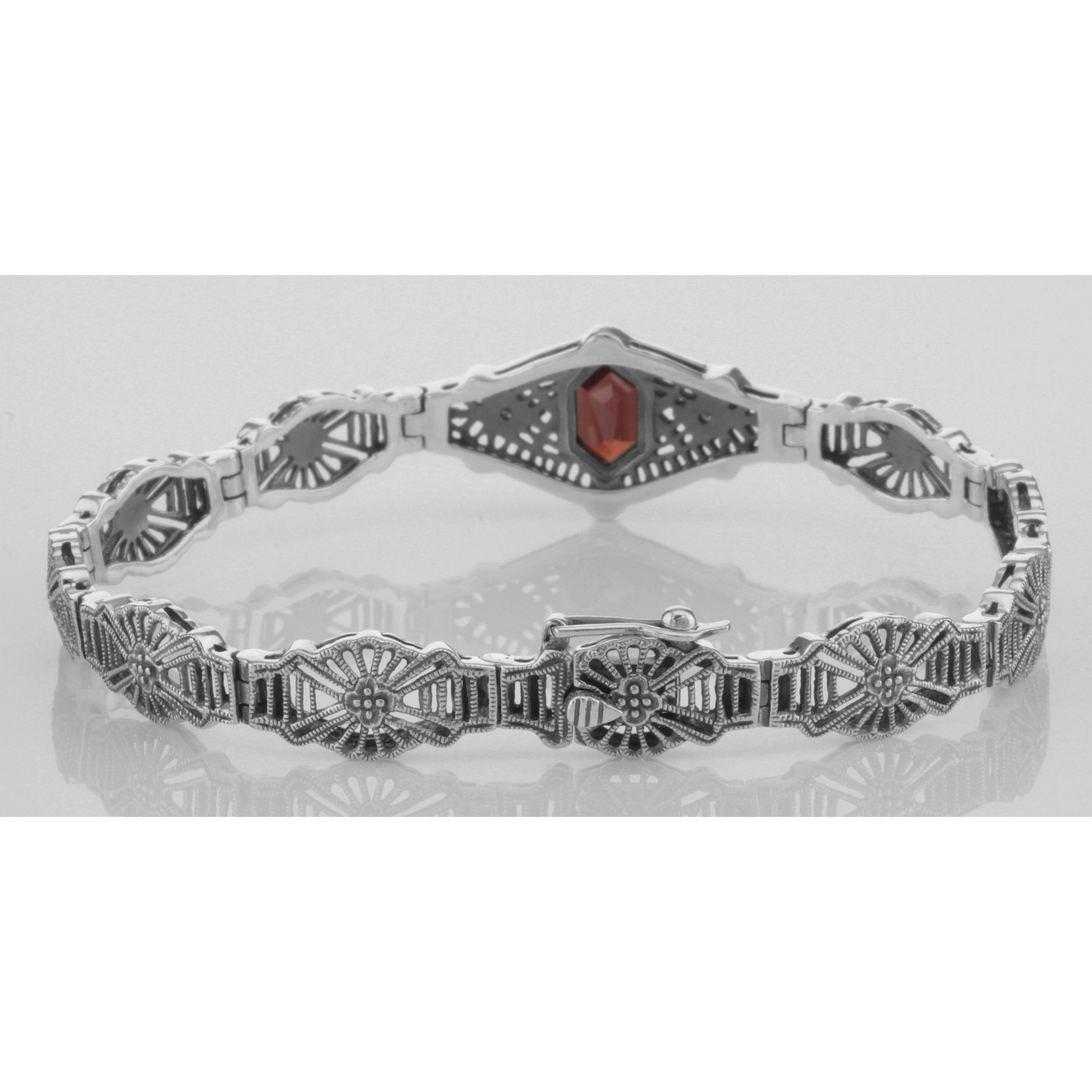 Back view of Victorian Style Red Garnet Diamond Filigree Link Bracelet - Sterling showing 925 sterling silver hallmark and to