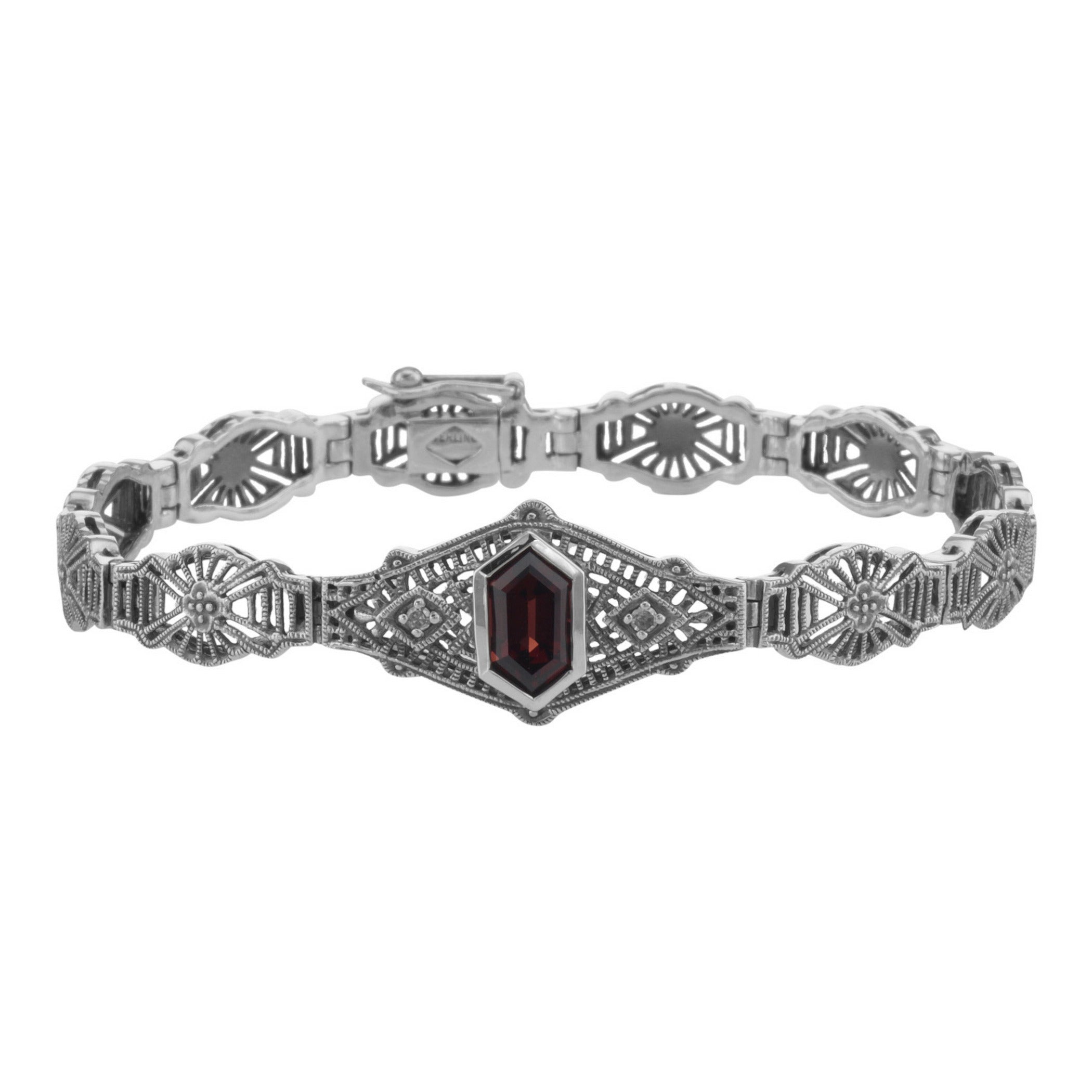 Victorian style, Garnet, Diamond, sterling silver bracelets, front view