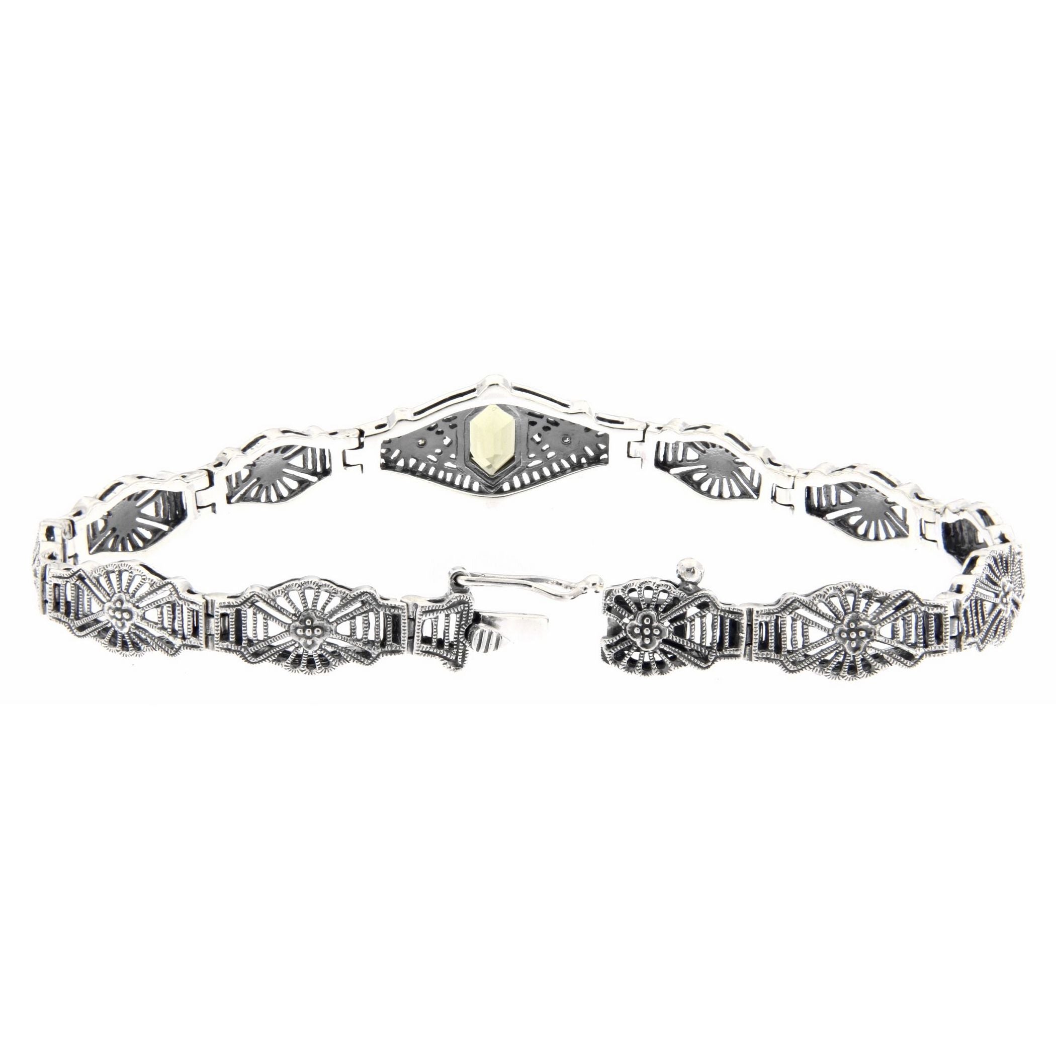 Back view of Victorian Style Olive Quartz Diamond Filigree Link Bracelet Sterling Silver showing 925 sterling silver hallmark