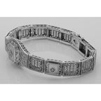 Detail view of Art Deco Style 3 Stone Camphor Glass and Diamond Filigree Link Bracelet Sterling highlighting Diamond, Camphor