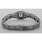Detail view of Art Deco Style 3 Stone Camphor Glass and Diamond Filigree Link Bracelet Sterling highlighting Diamond, Camphor